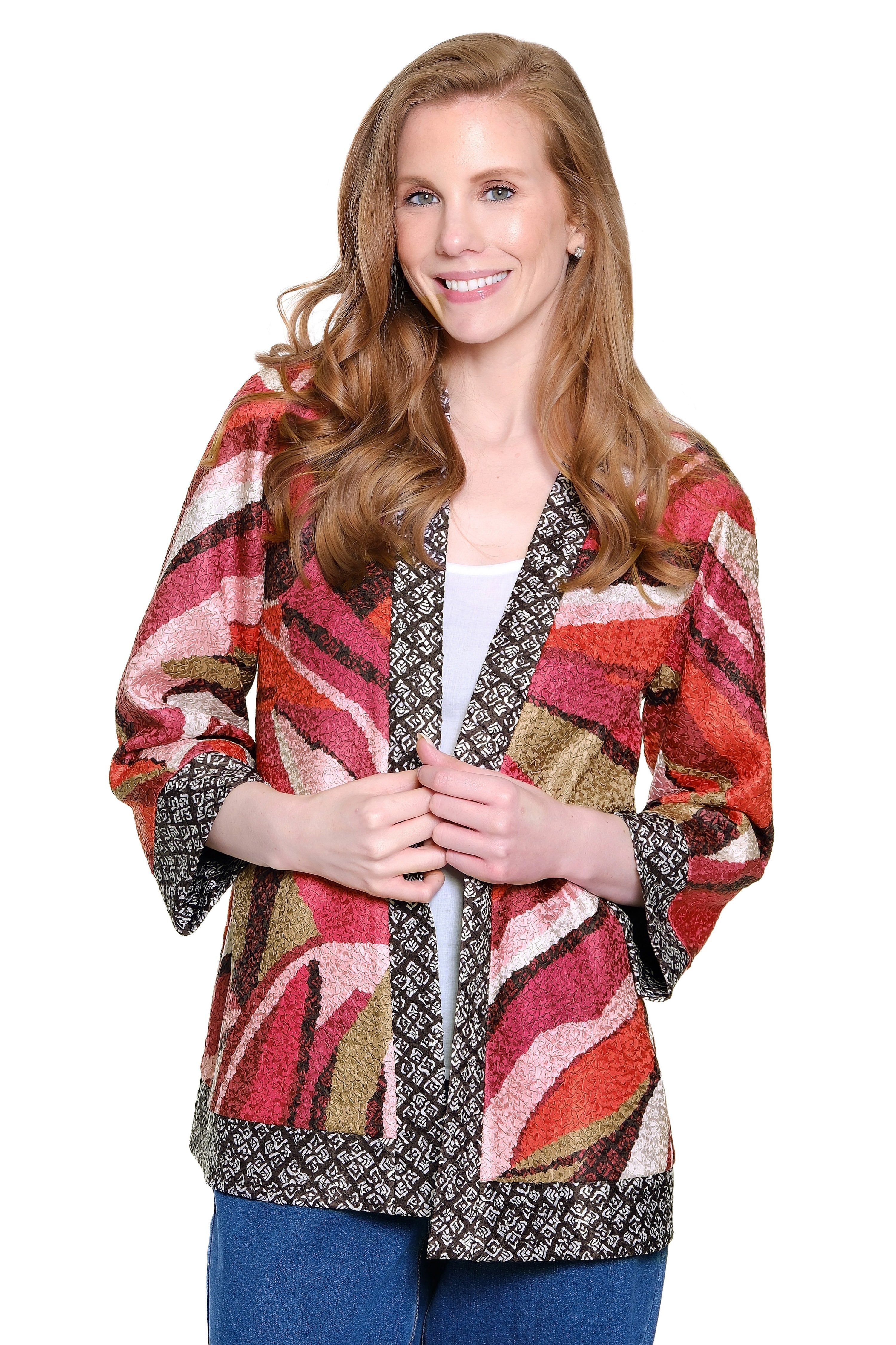 Reversible Textured Woven Kimono Jacket - Pink Print