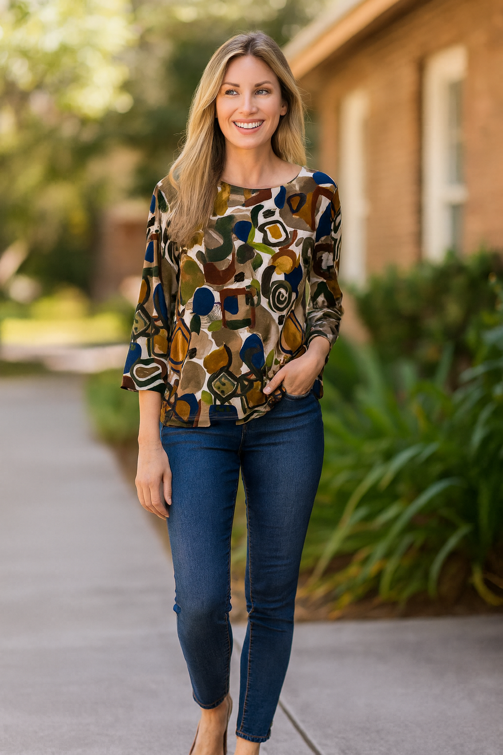Knit Popover Tunic with Pockets - Neutral Print