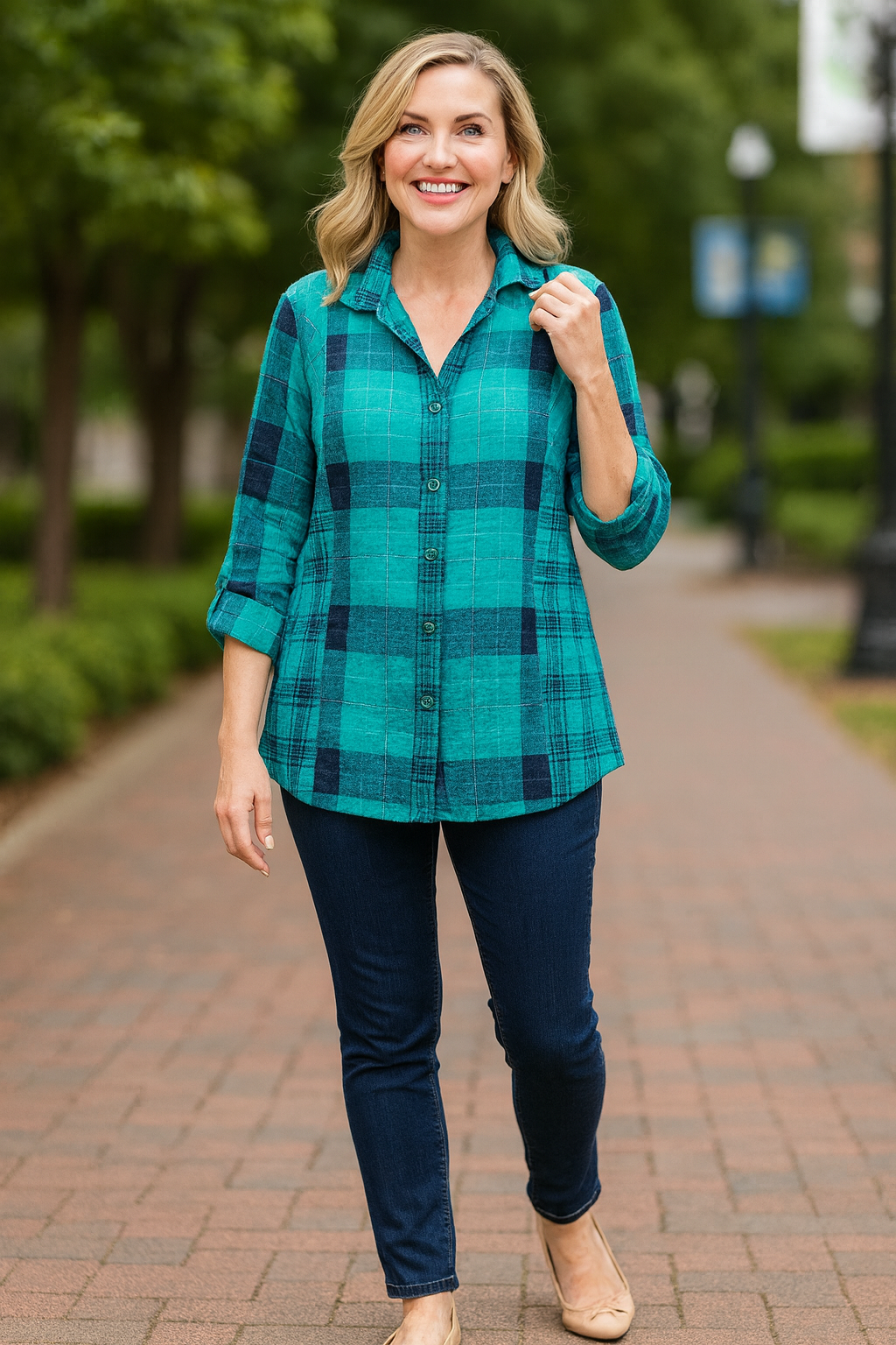 Knit Plaid Button-Front Tunic - Plaid Multi