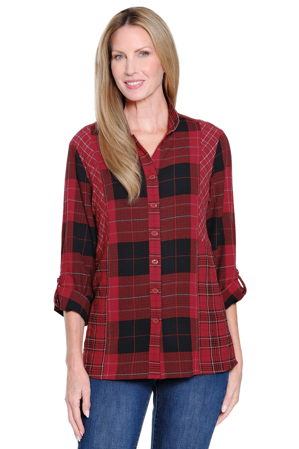 Knit Plaid Button-Front Tunic - Burgundy