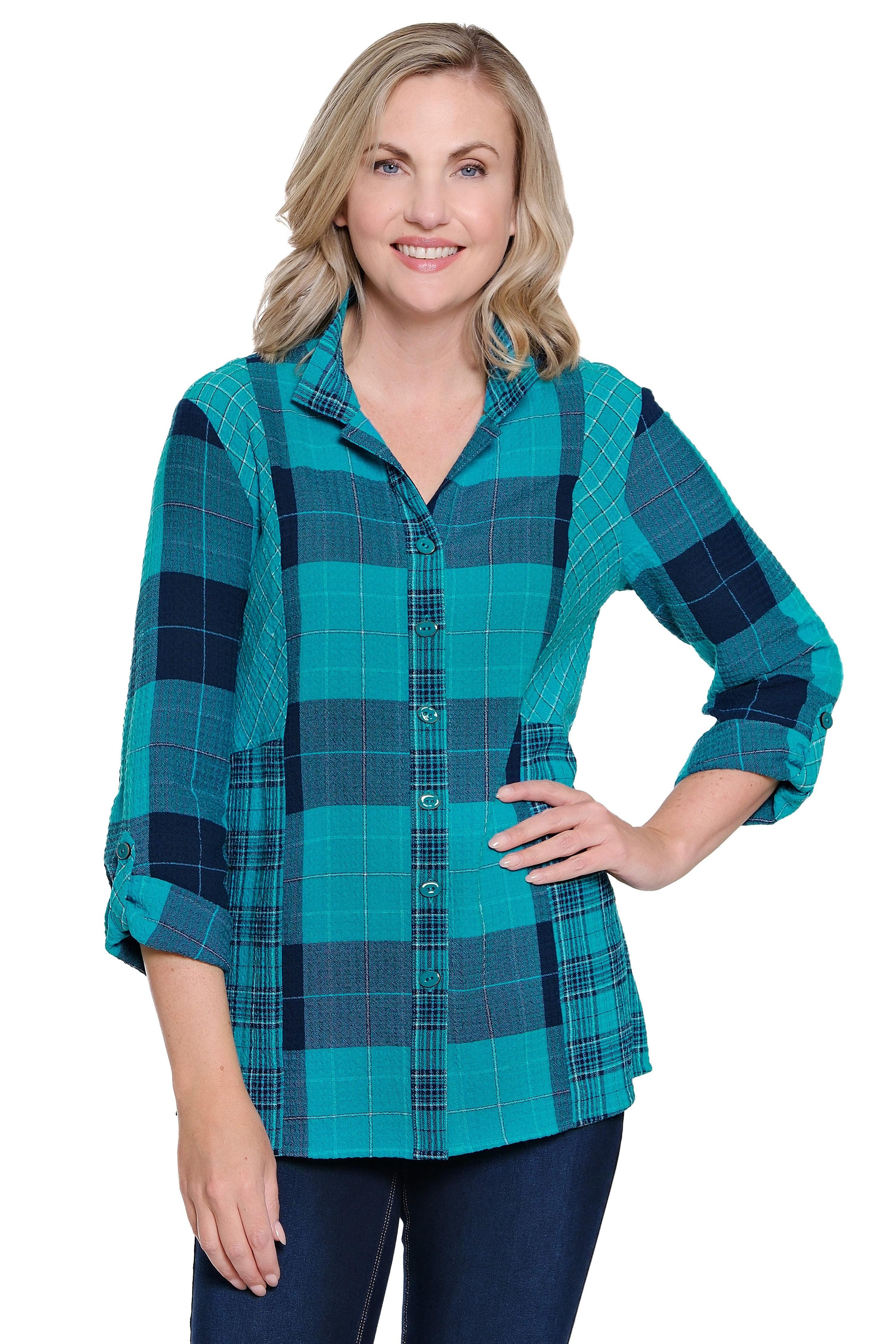 Knit Plaid Button-Front Tunic - Plaid Multi
