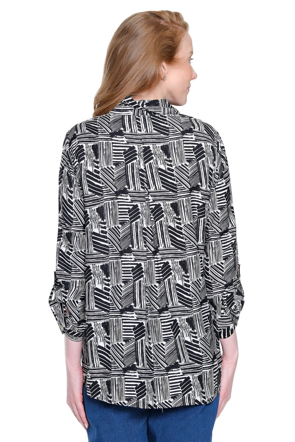 Print Tunic with Button Tab Sleeves - Black/White