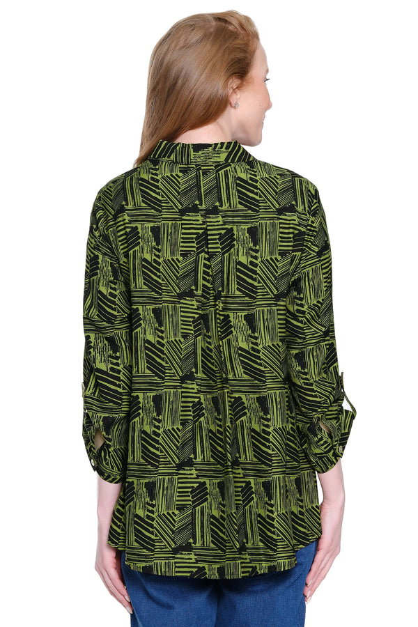 Print Tunic with Button Tab Sleeves - Olive