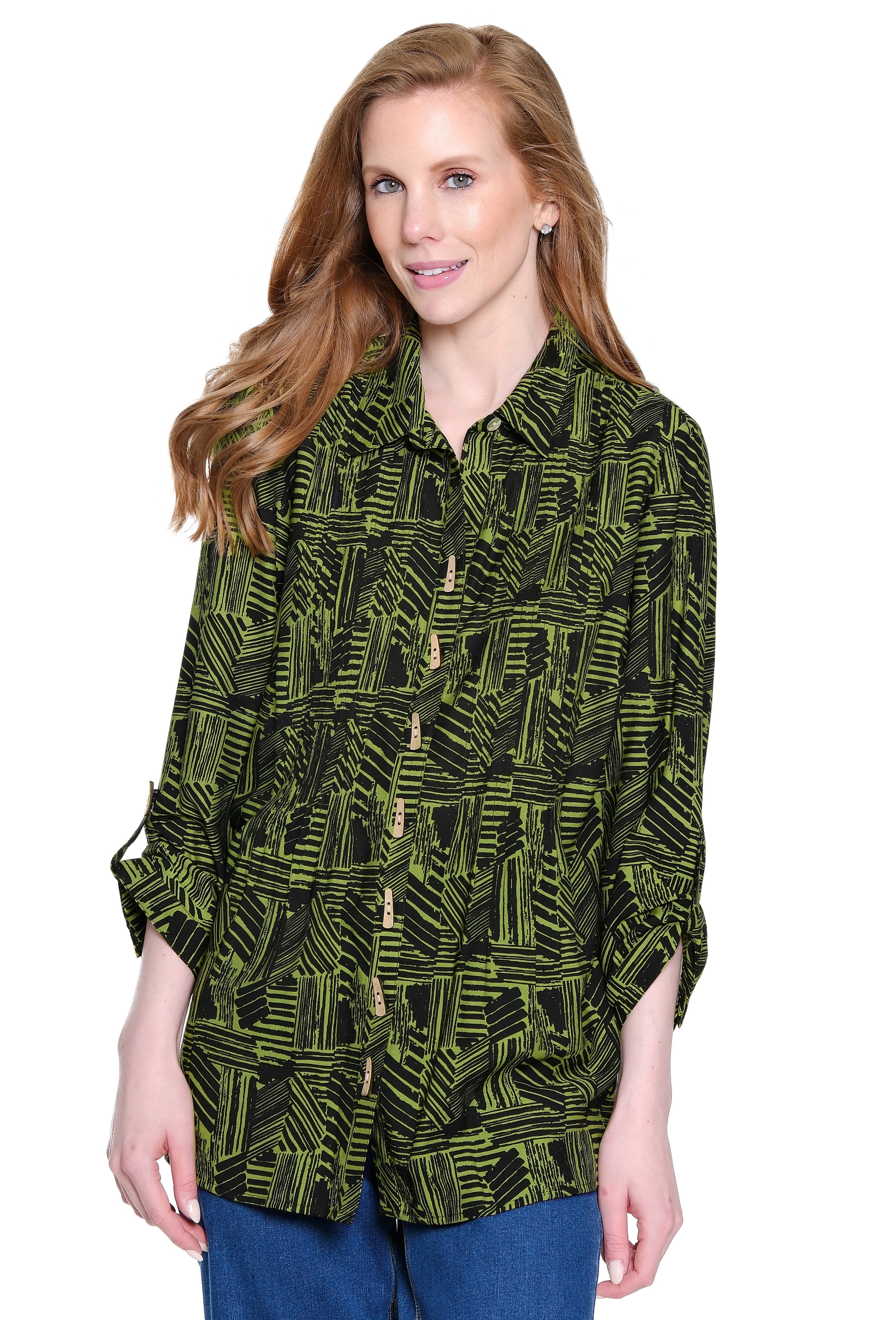 Print Tunic with Button Tab Sleeves - Olive