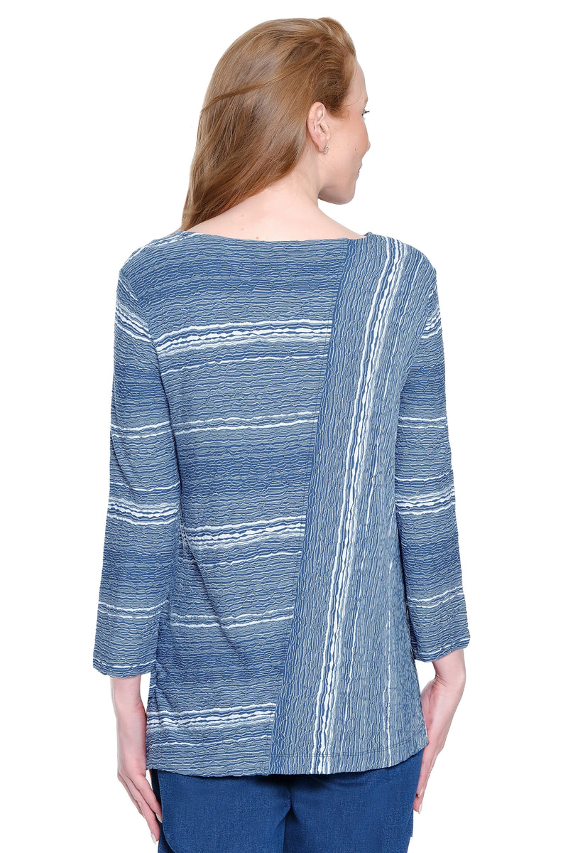 Textured Knit Popover Top with Button Detail - Indigo Blue