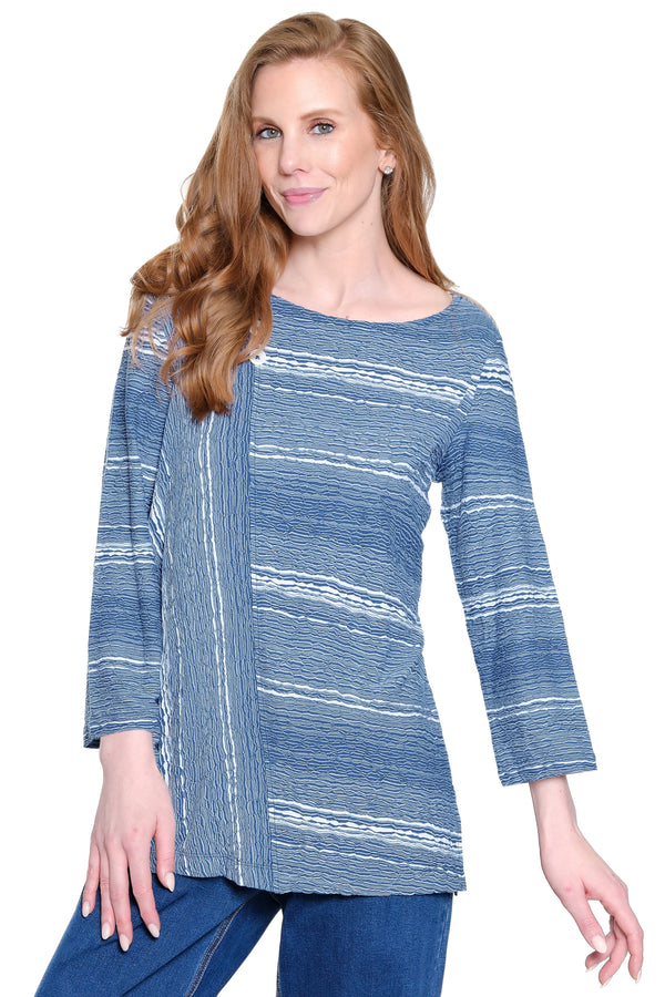 Textured Knit Popover Top with Button Detail - Indigo Blue