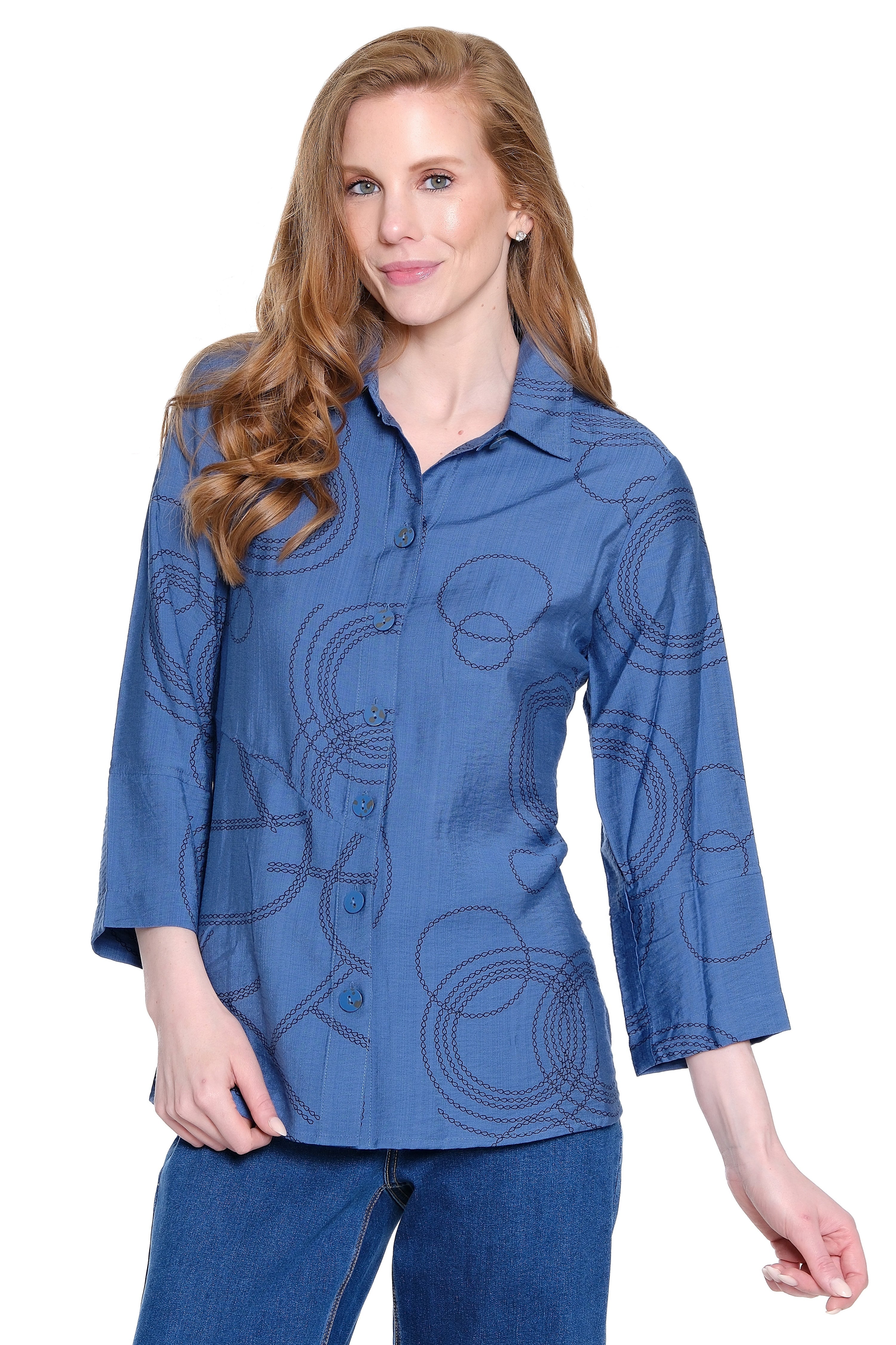 Stretch Woven Print Tunic- Indigo Blue