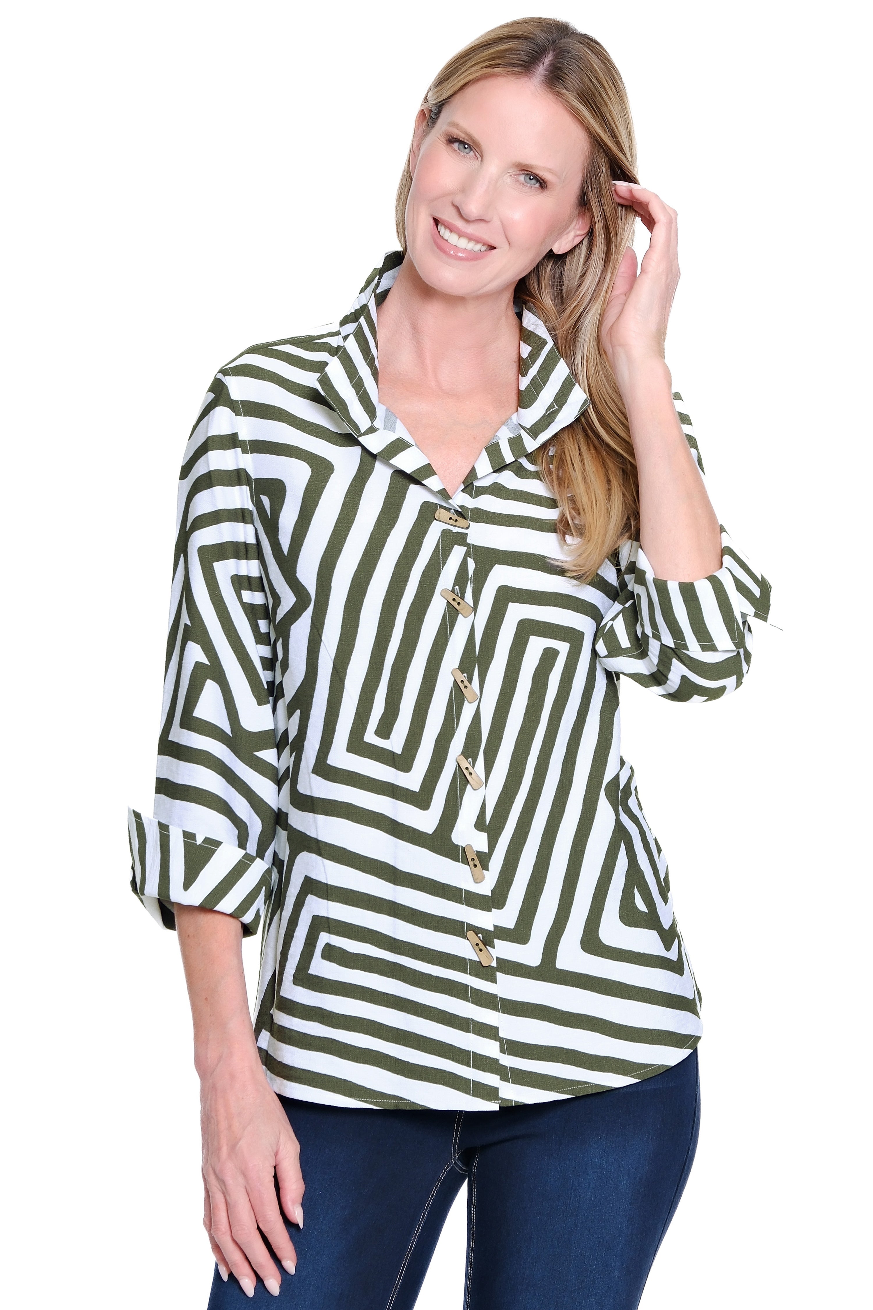 Wire Collar Print Tunic - Olive Green