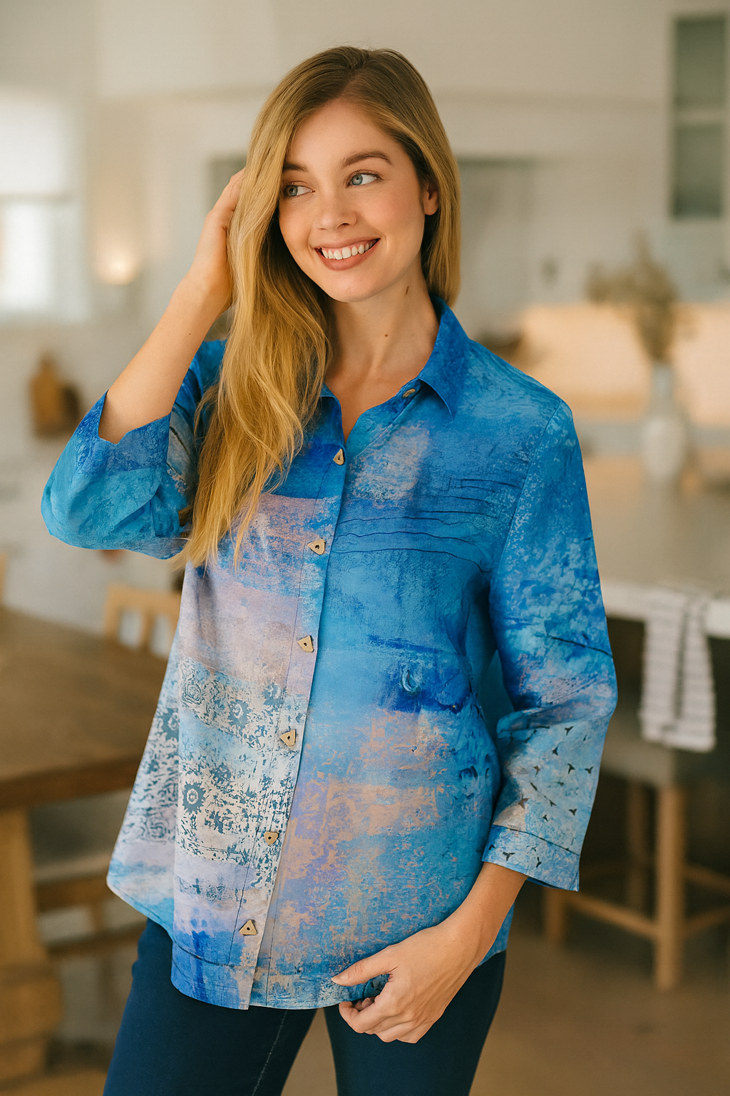 Button-Front Tunic with Back Button Detail - Petite - Blue Multi
