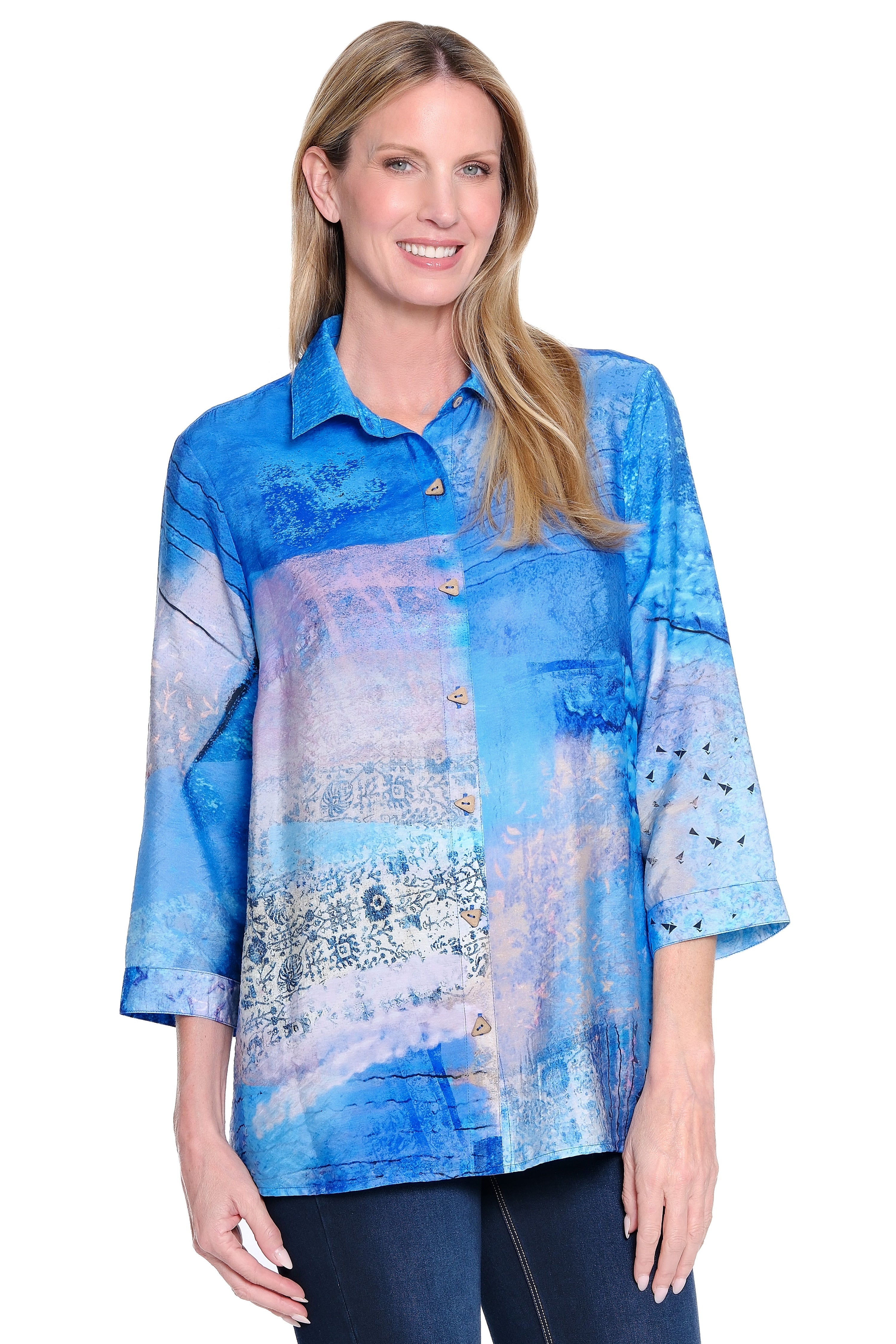 Button-Front Tunic with Back Button Detail - Petite - Blue Multi