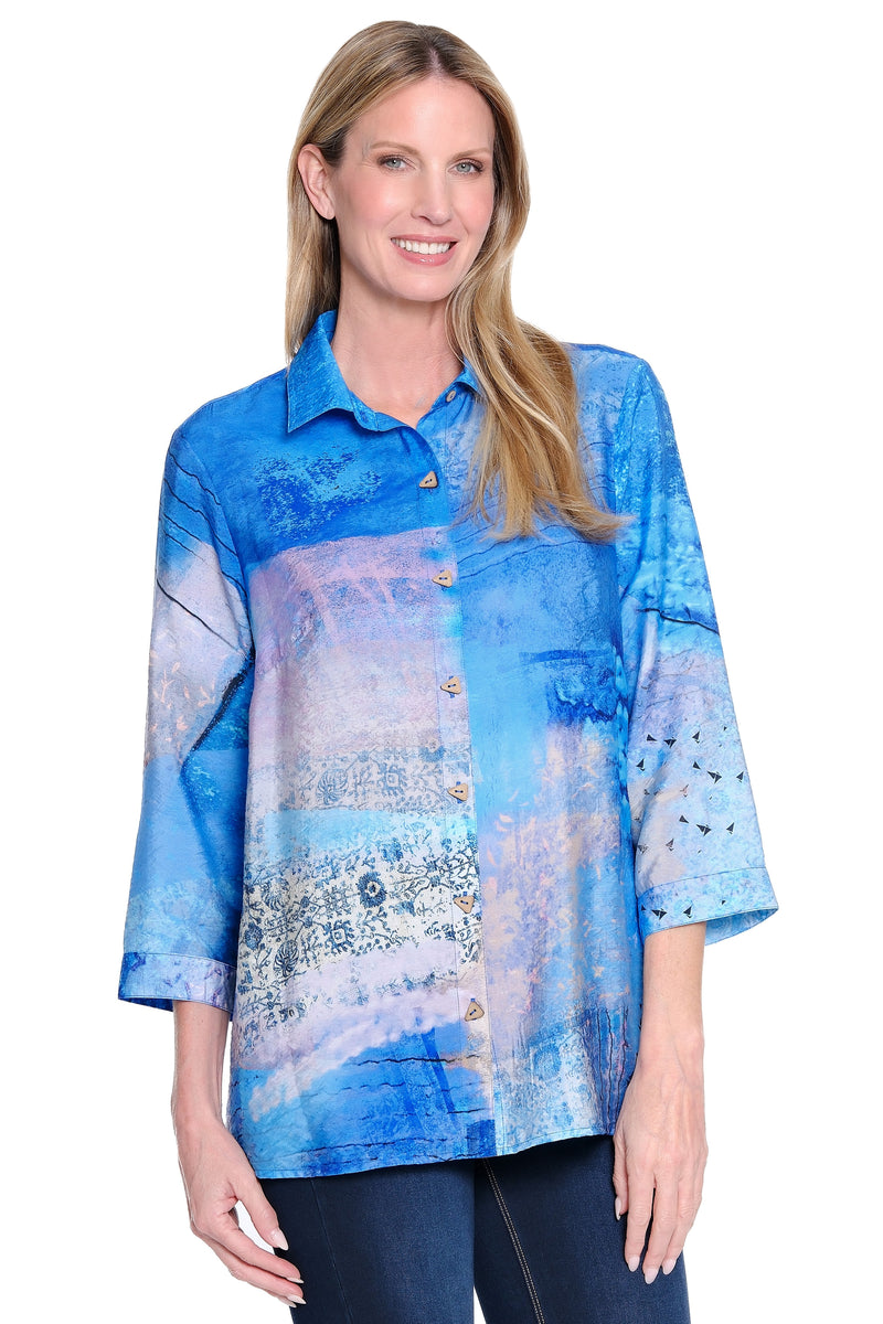 Button-Front Tunic with Back Button Detail - Blue Multi