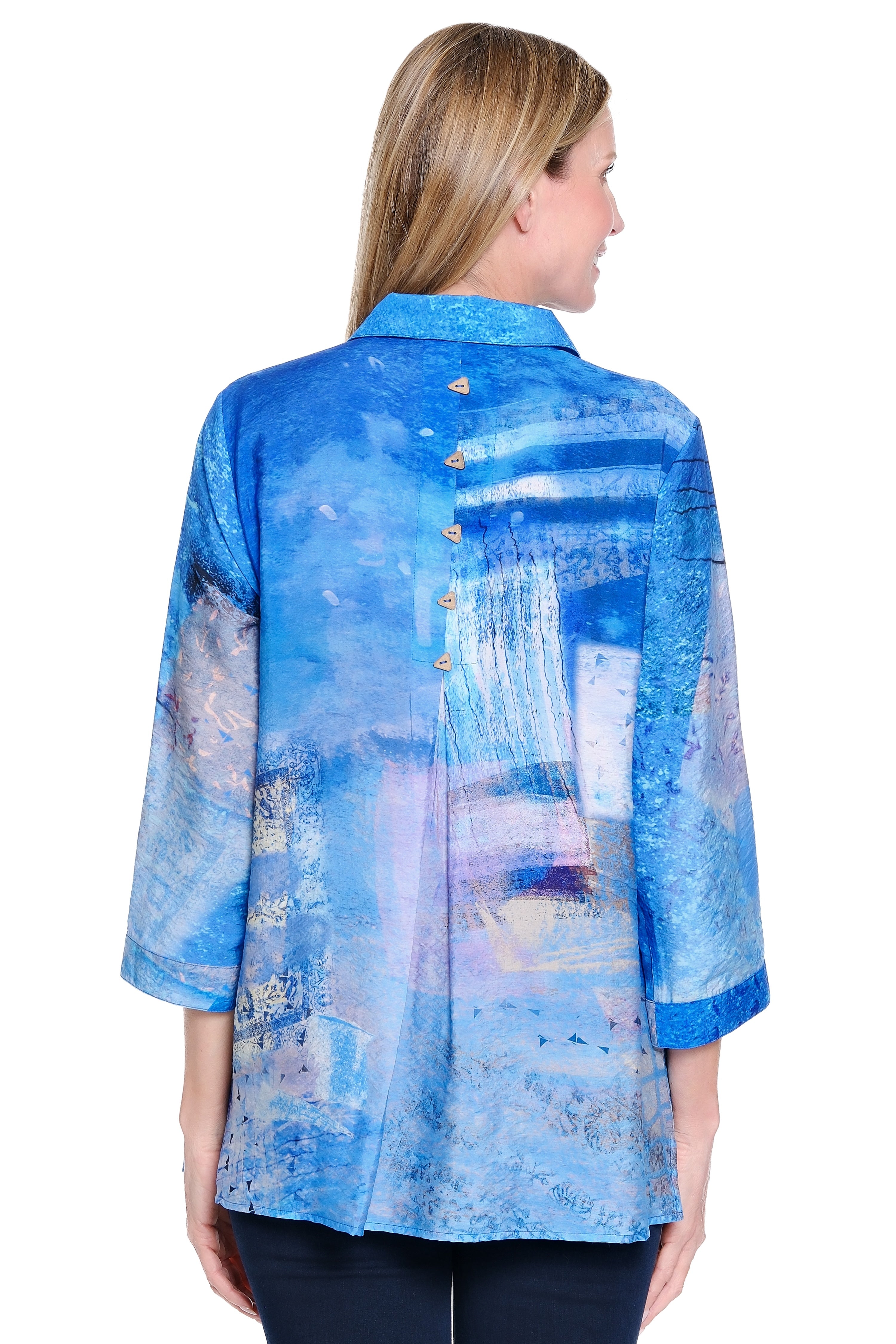 Button-Front Tunic with Back Button Detail - Petite - Blue Multi
