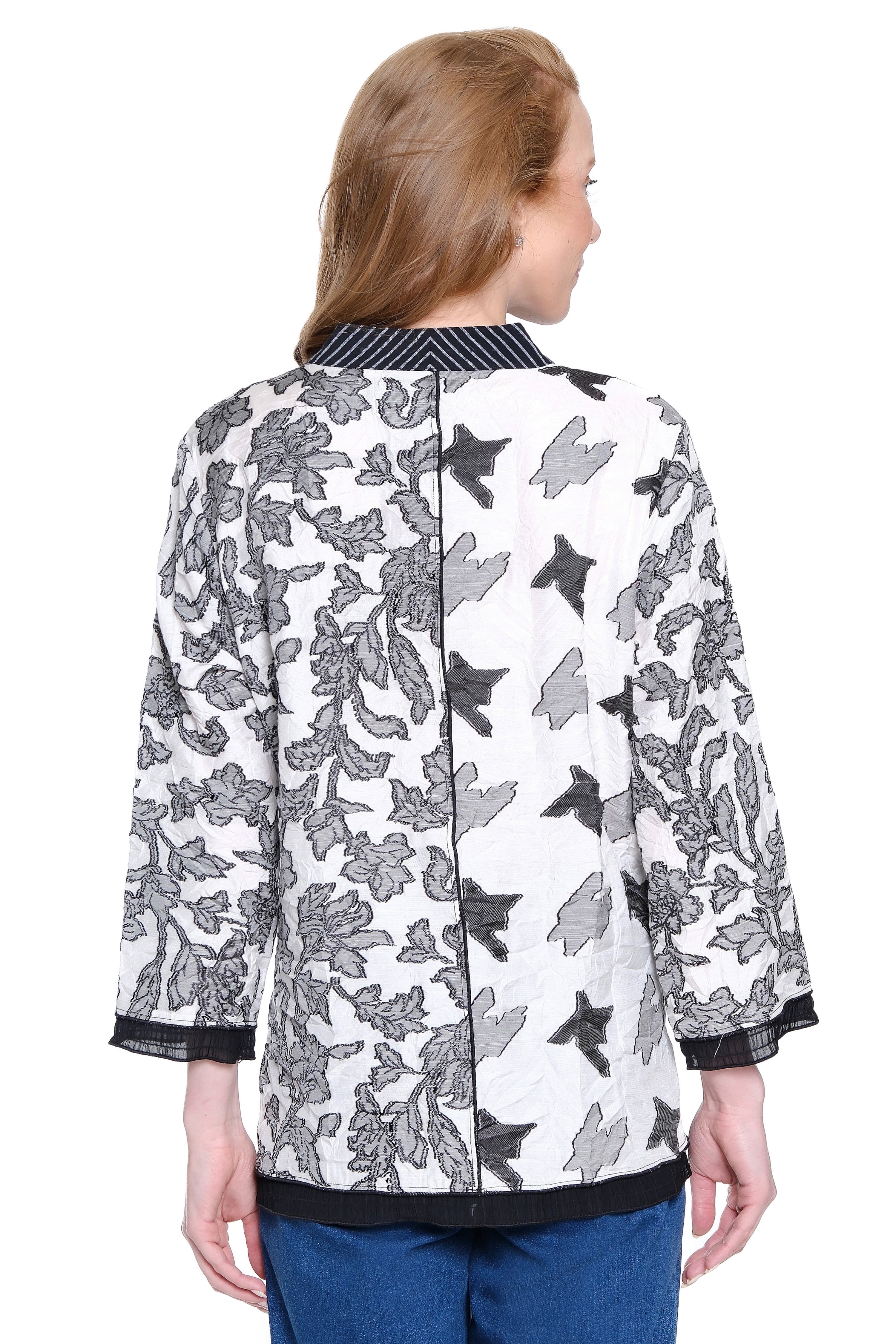 Woven Jacquard Tunic with Stand Collar - Plus - Black/White