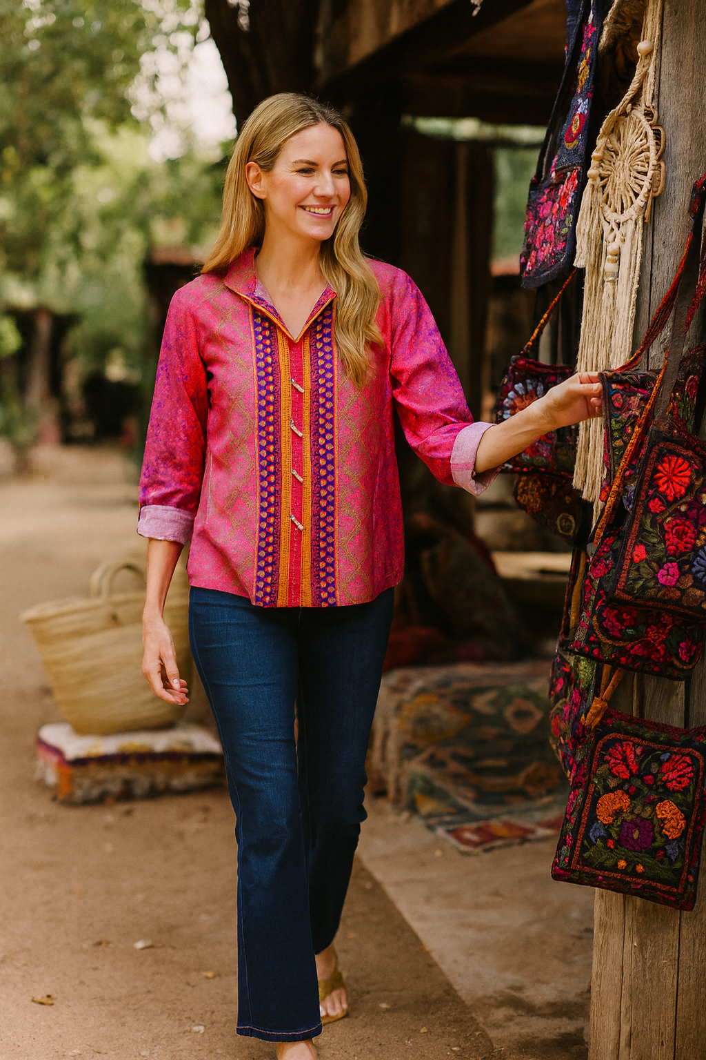 Woven Button-Front Tunic with Wire Neck - Multi