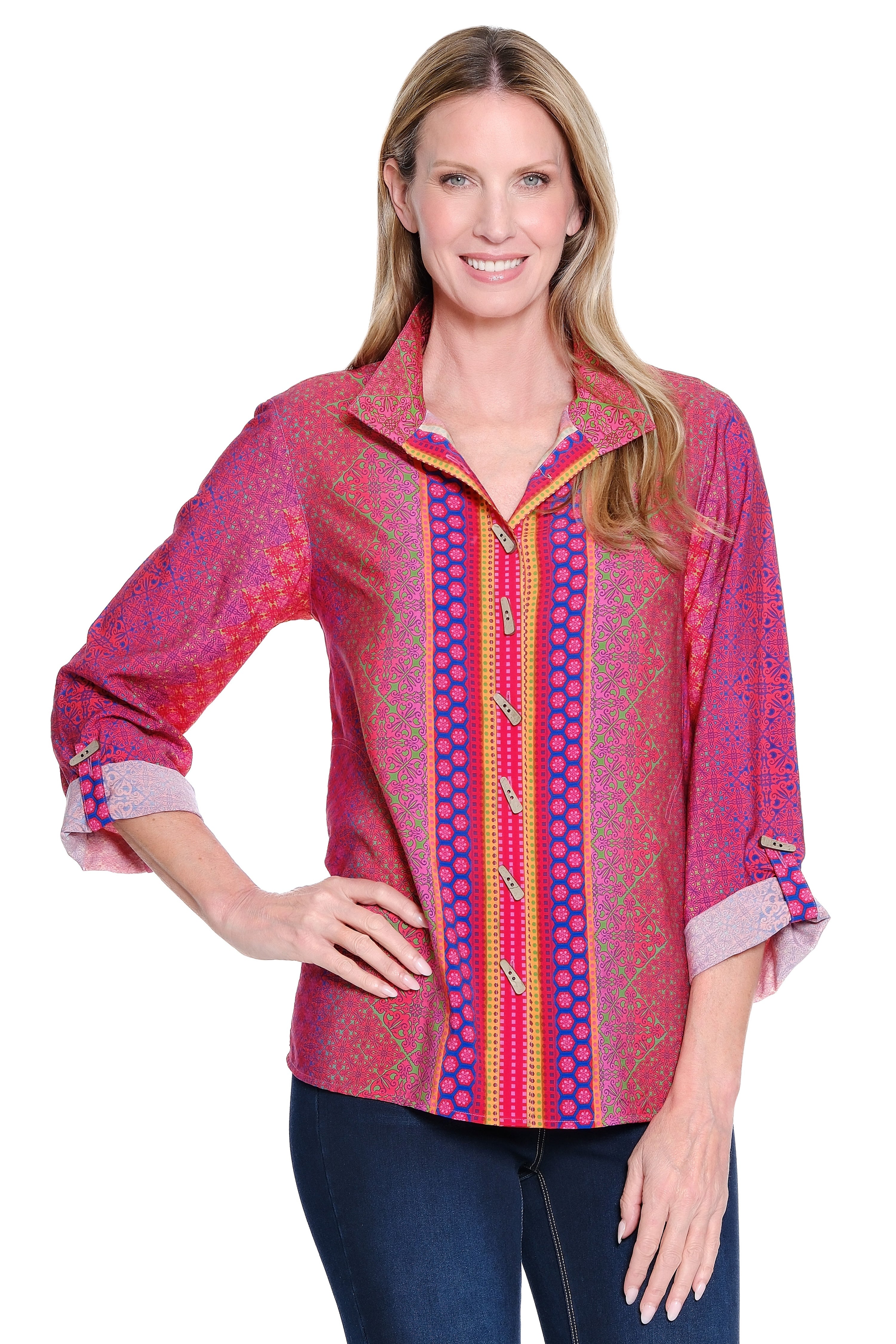 Woven Button-Front Tunic with Wire Neck - Multi