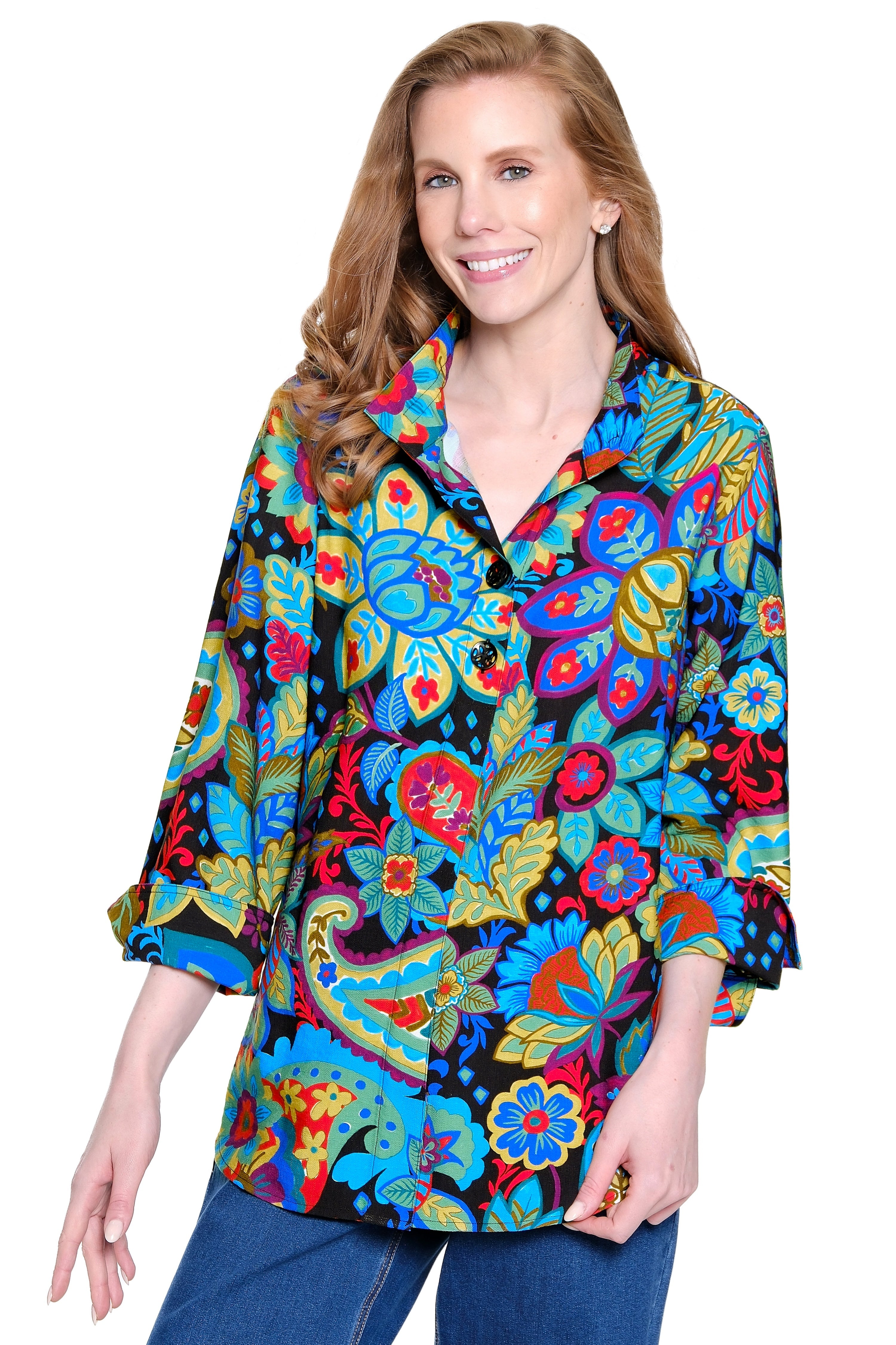 Woven Tunic with Wire Collar - Petite - Floral Multi