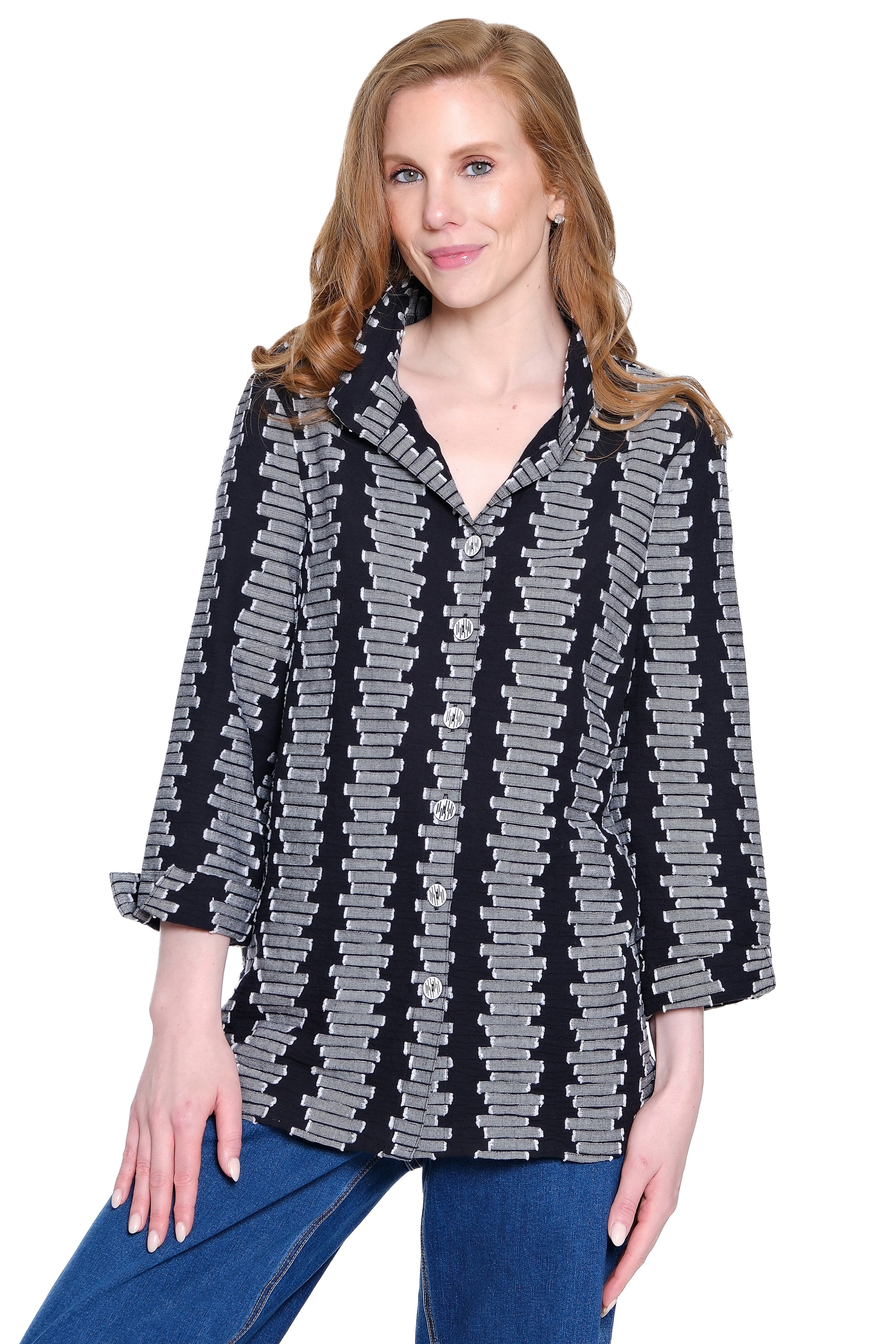 Woven Jacquard Tunic with Wire Collar - Plus - Black/White