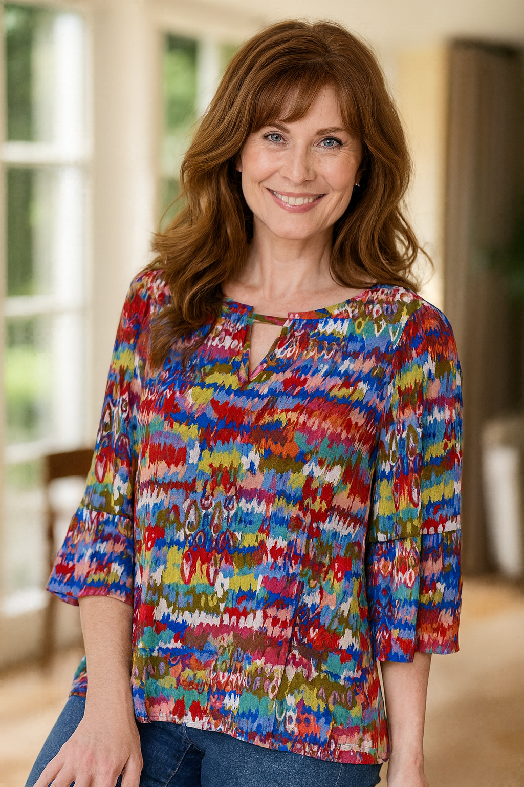 Split Neck Tunic with Flounce Sleeves - Ikat Multi