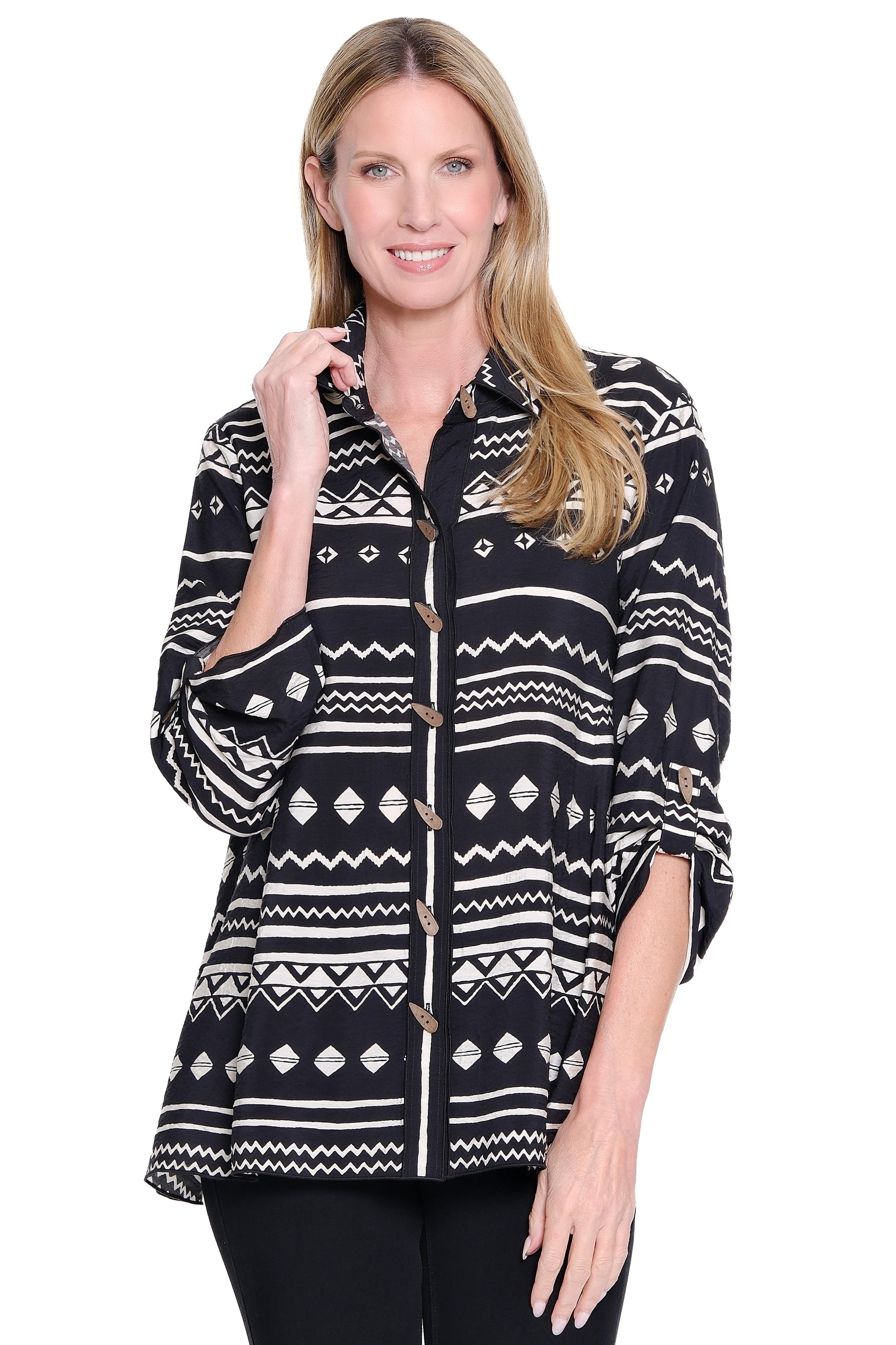 Print Tunic with Roll Tab Sleeves and Asymmetrical Hem - Petite - Black/White