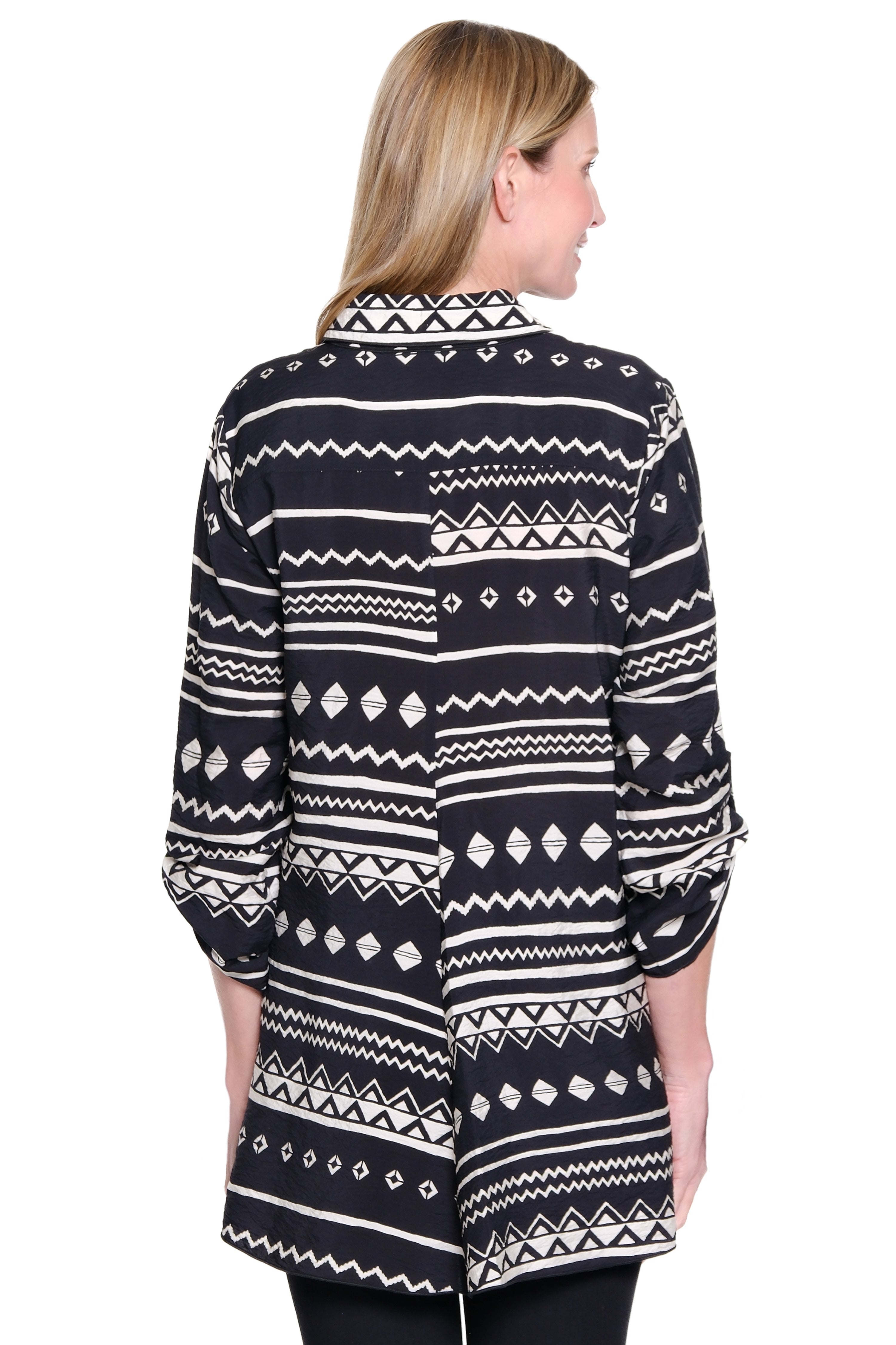 Print Tunic with Roll Tab Sleeves and Asymmetrical Hem - Black/White