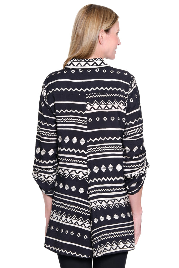 Print Tunic with Roll Tab Sleeves and Asymmetrical Hem - Petite - Black/White