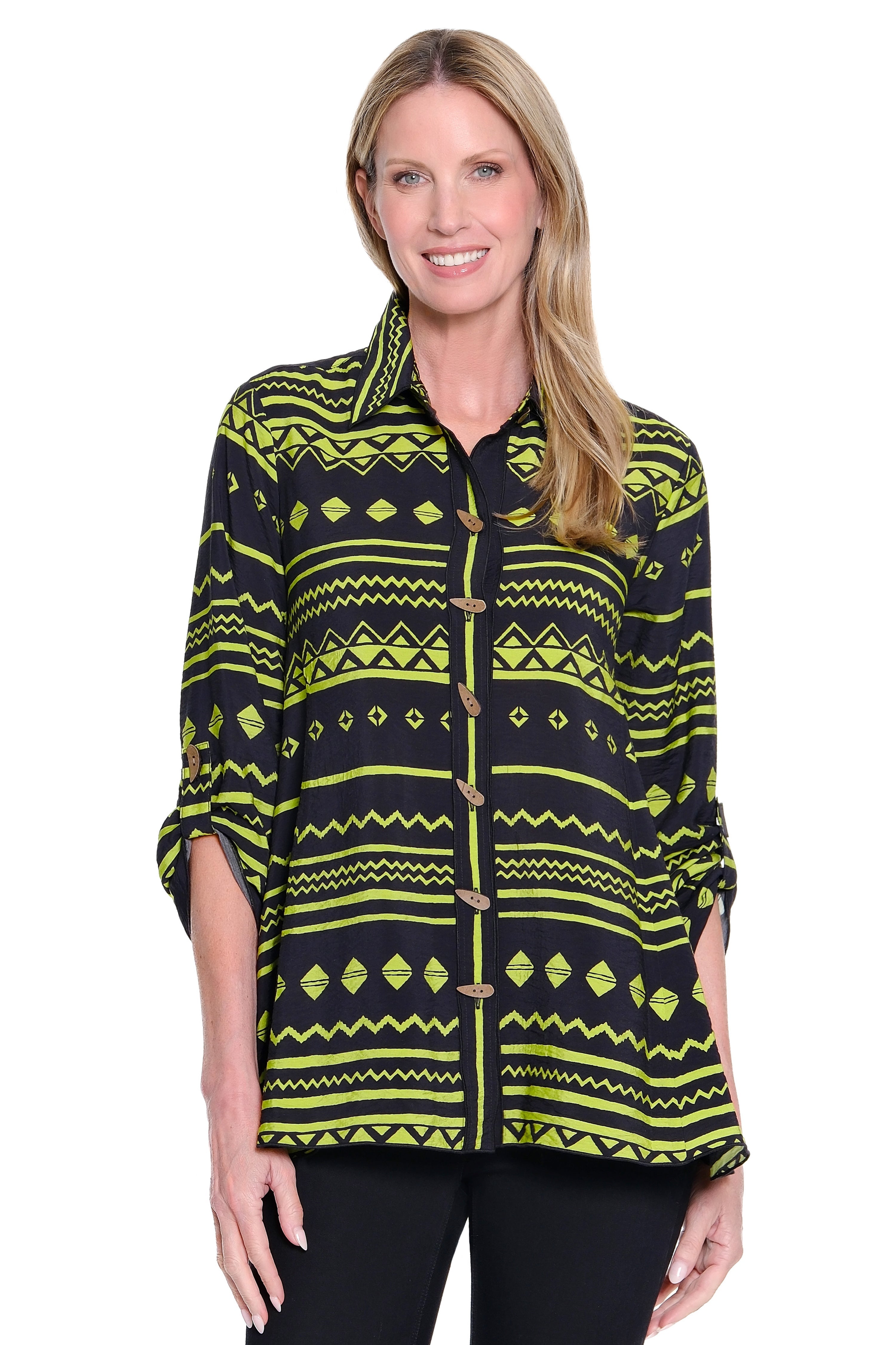 Print Tunic with Roll Tab Sleeves and Asymmetrical Hem - Citron