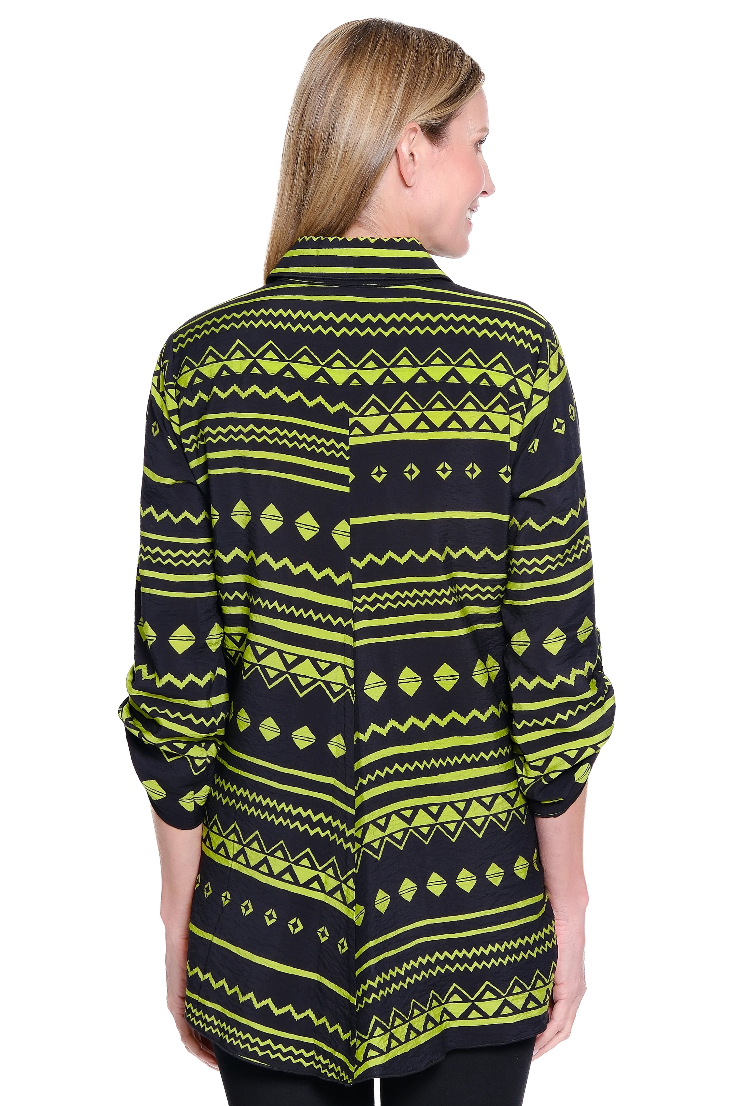 Print Tunic with Roll Tab Sleeves and Asymmetrical Hem - Citron