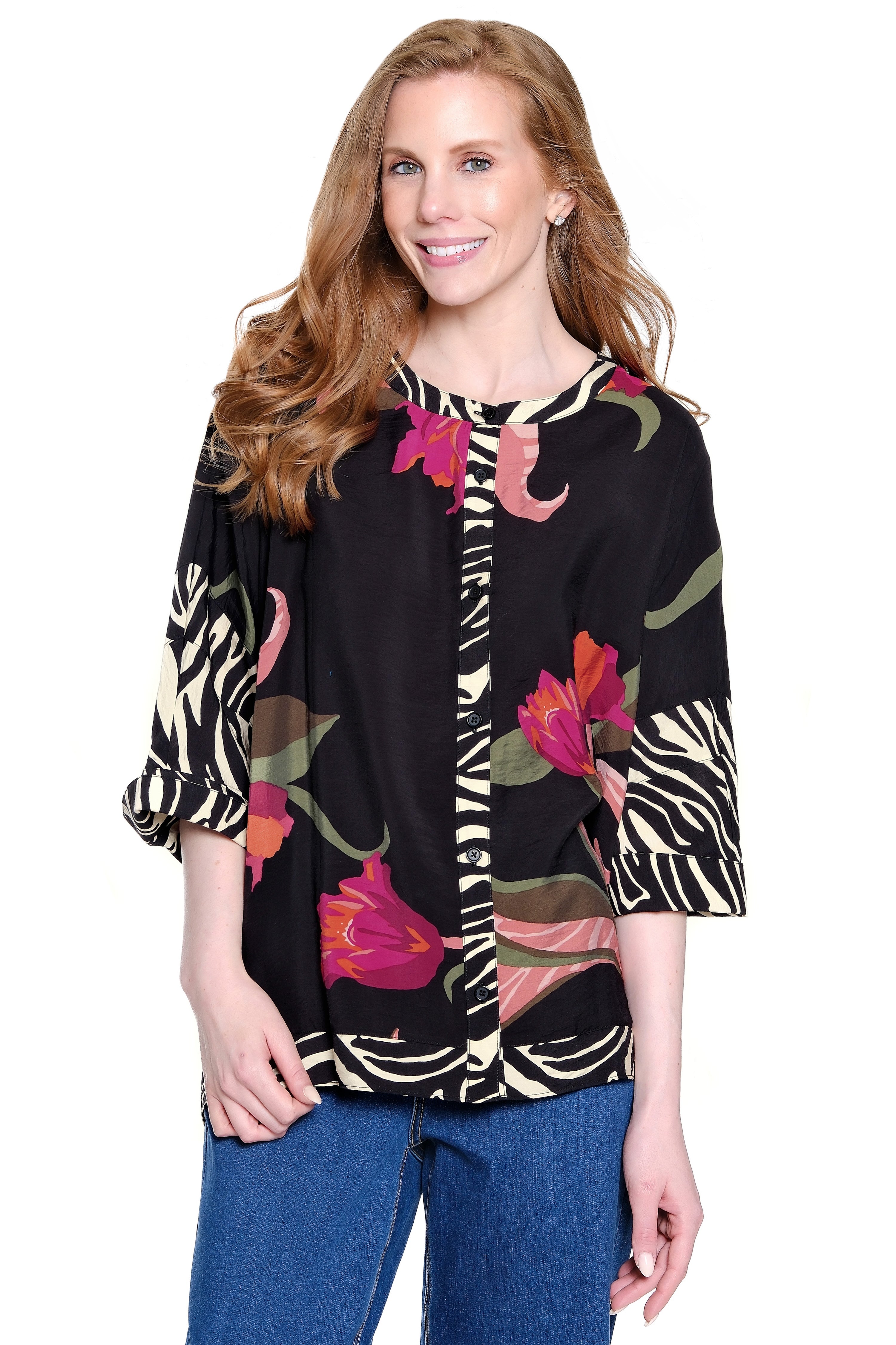Tunic with Dolman Sleeves and Shark Bite Hem - Floral Multi