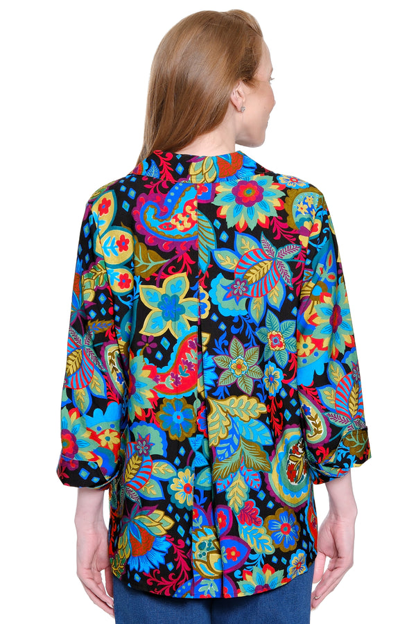 Woven Tunic with Split Neck - Floral Multi