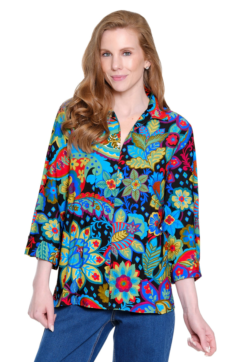 Woven Tunic with Split Neck - Floral Multi