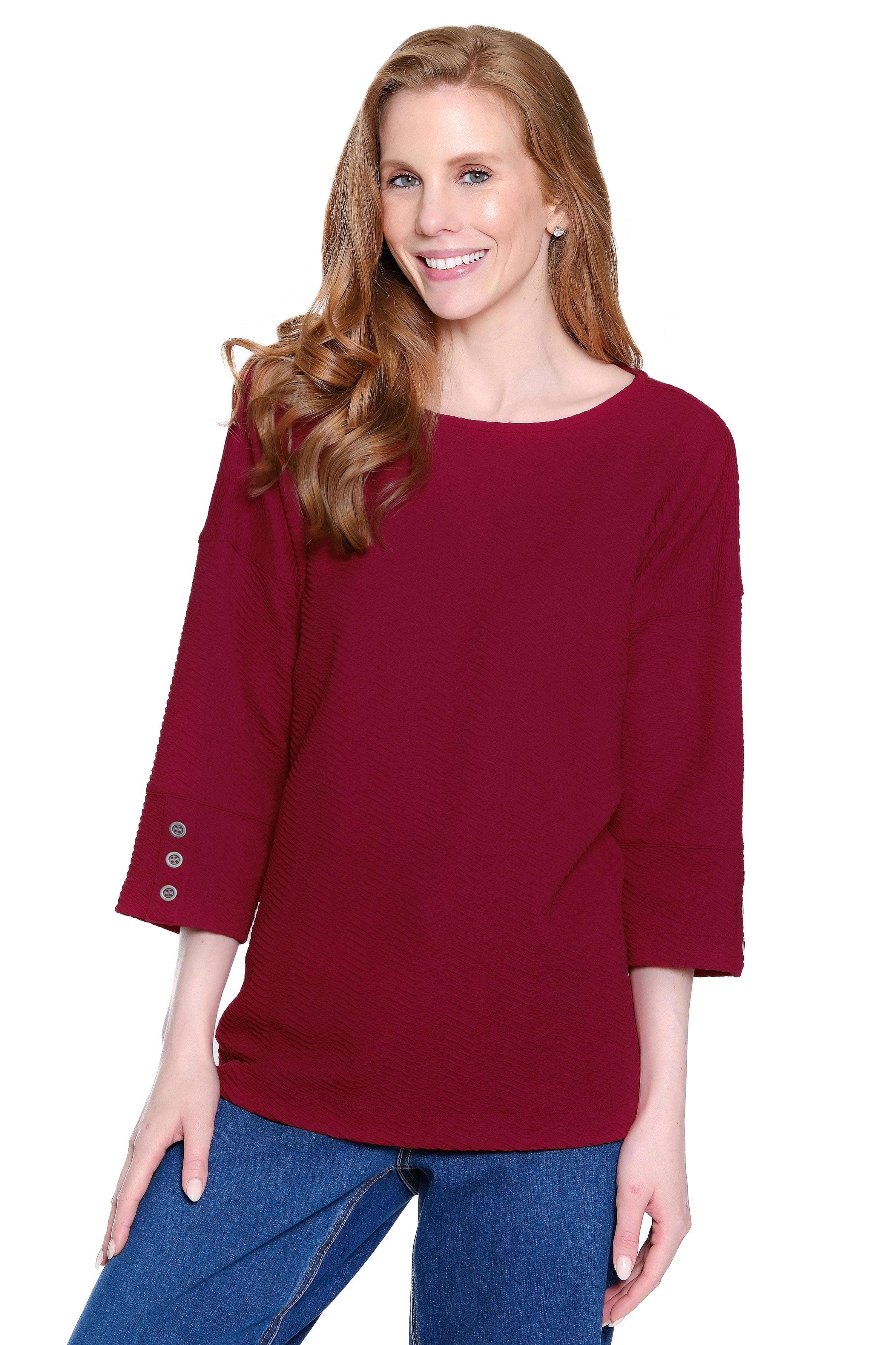 Textured Knit Tunic with Button-Detail Sleeves - Red