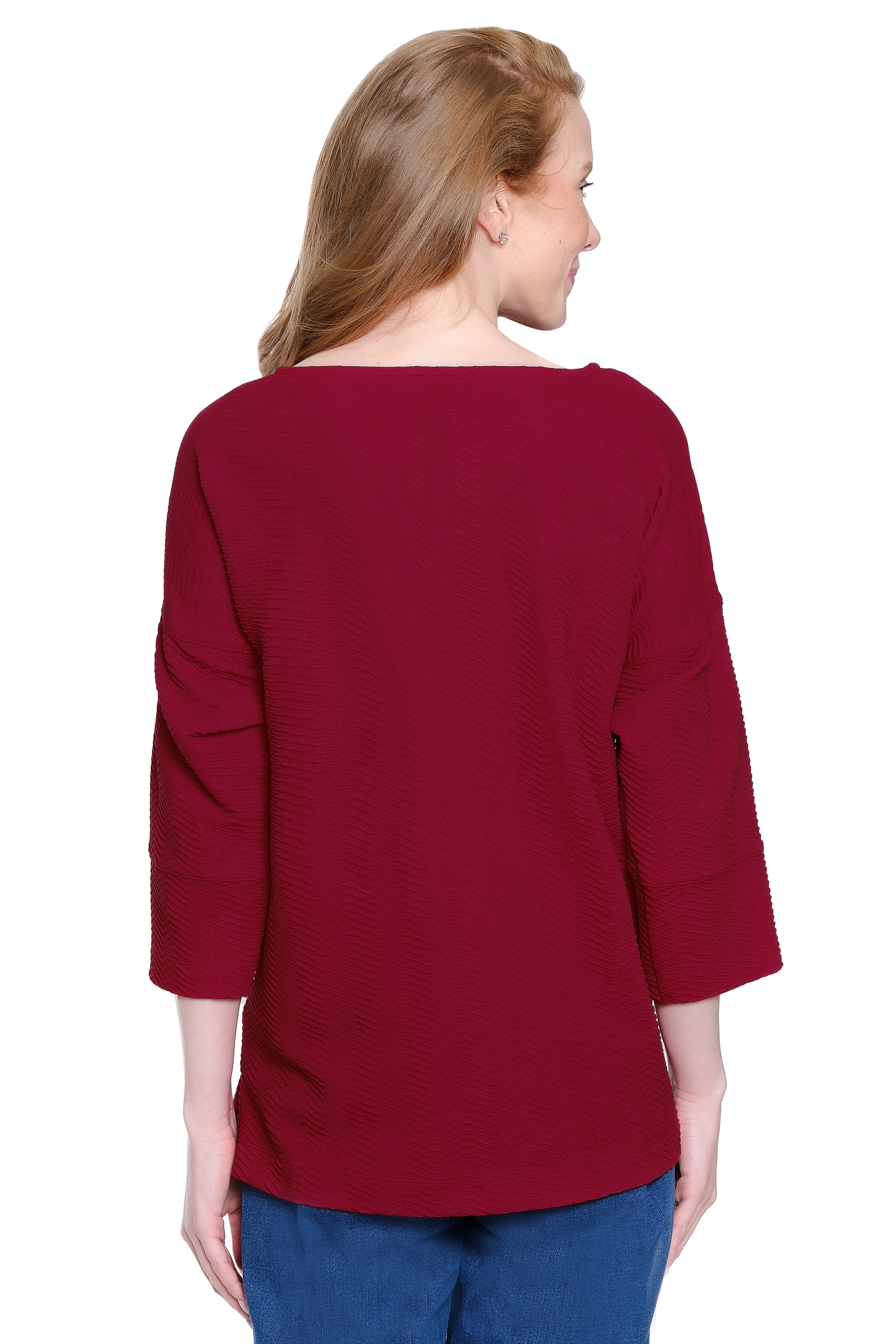 Textured Knit Tunic with Button-Detail Sleeves - Red