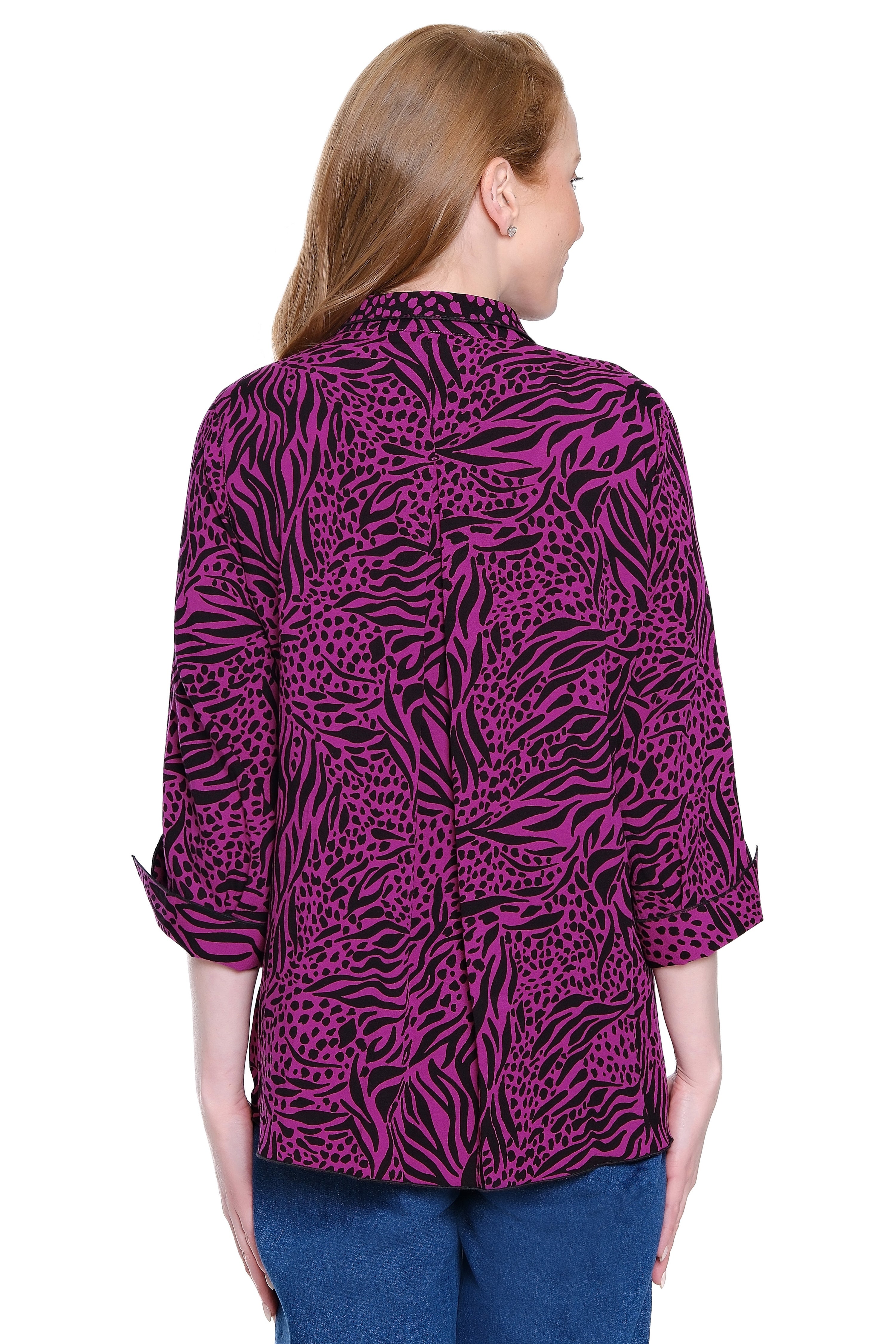 Woven Tunic with Cuff Sleeves - Magenta