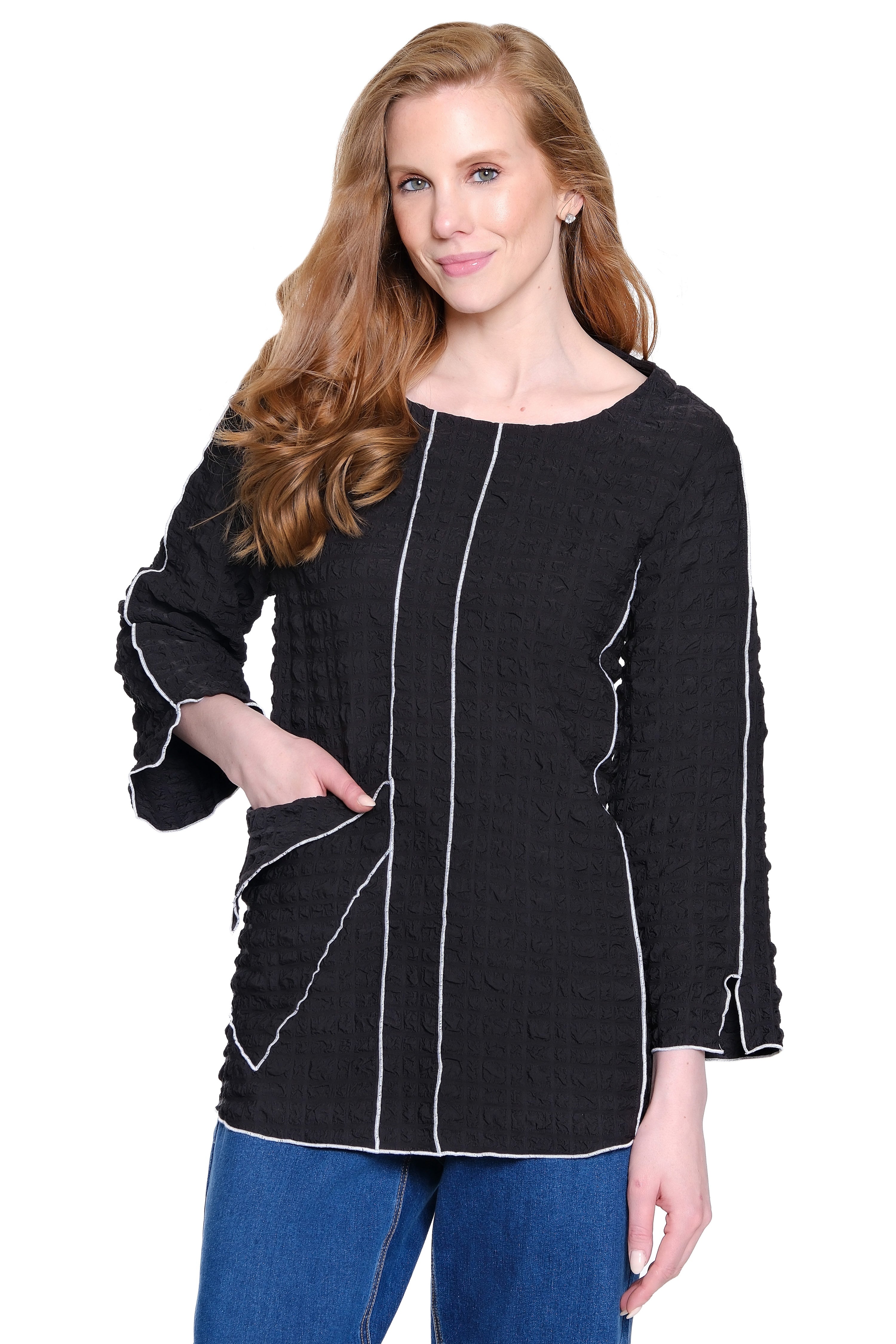Textured Tunic with Front Pocket - Black/White