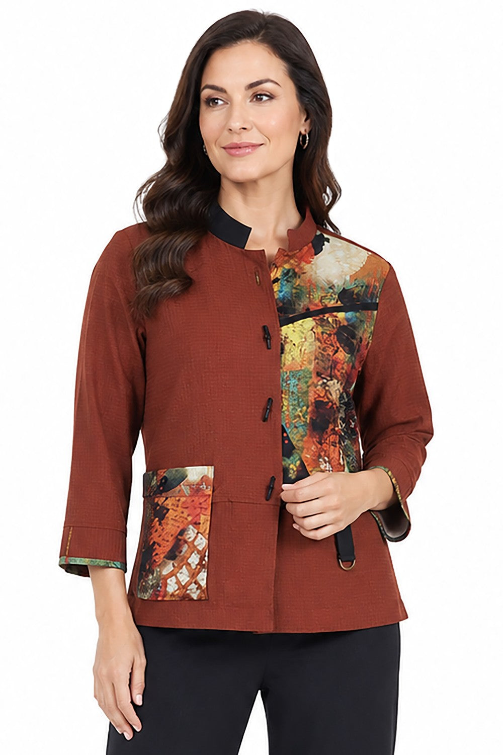 Ali Miles Rustic Orange Textured Woven Button-Front Top - Petite