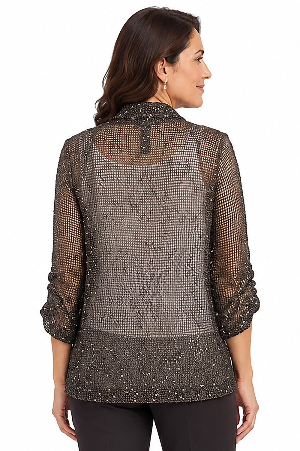 Ali Miles Chocolate Woven Mesh Open-Front Jacket - Missy