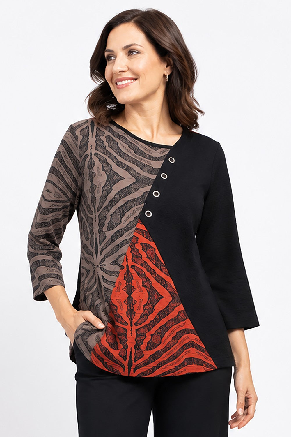 Ali Miles Bark Textured Knit Patched Popover - Missy