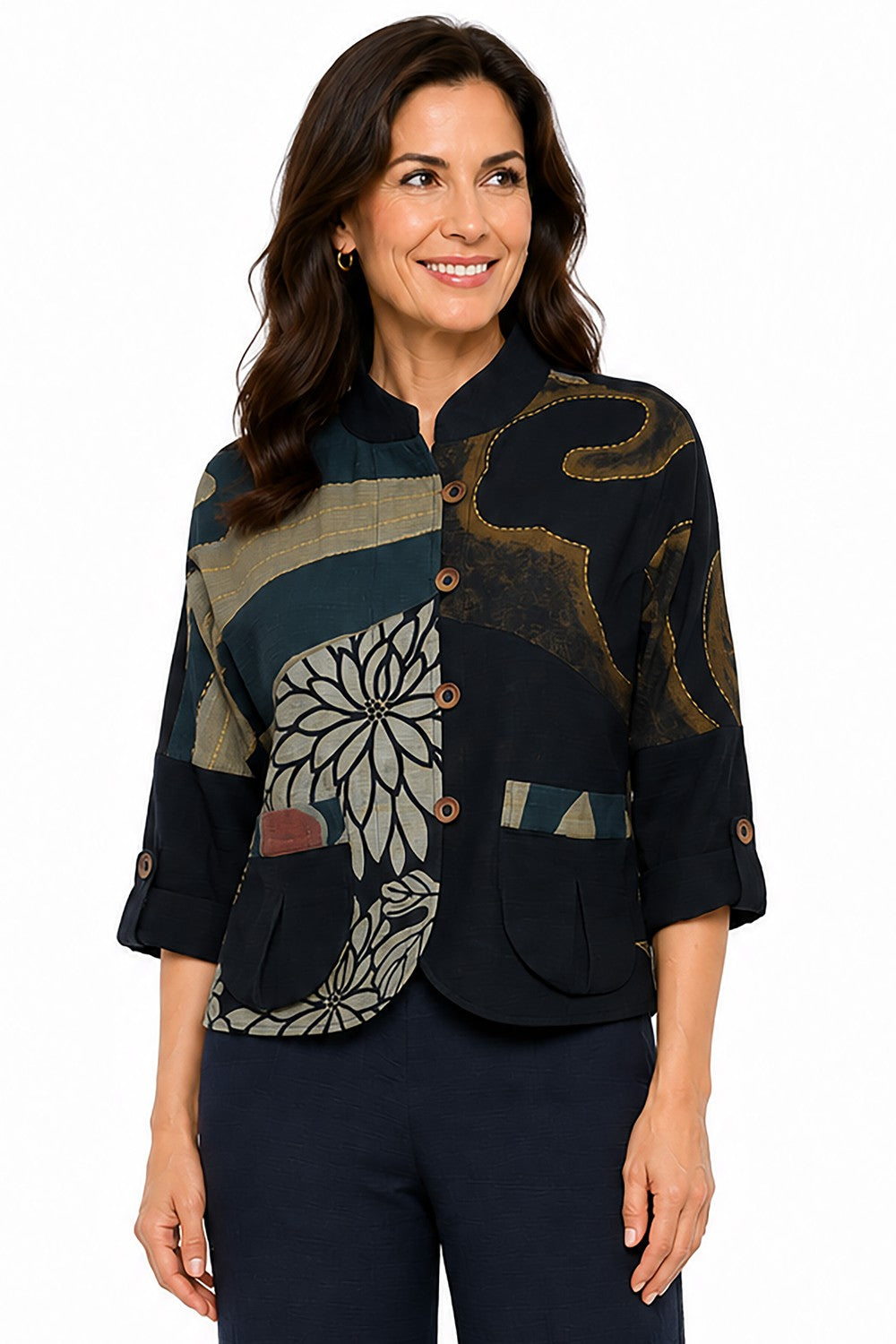 Ali Miles Black Printed Woven Button-Front Jacket - Plus