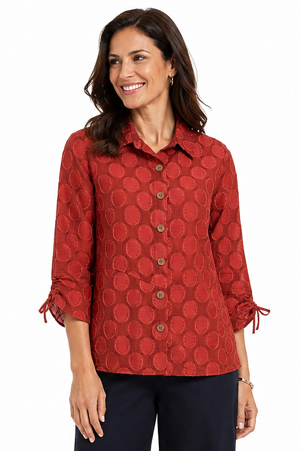 Ali Miles Paprika Woven Jacquard Button-Front Top - Missy