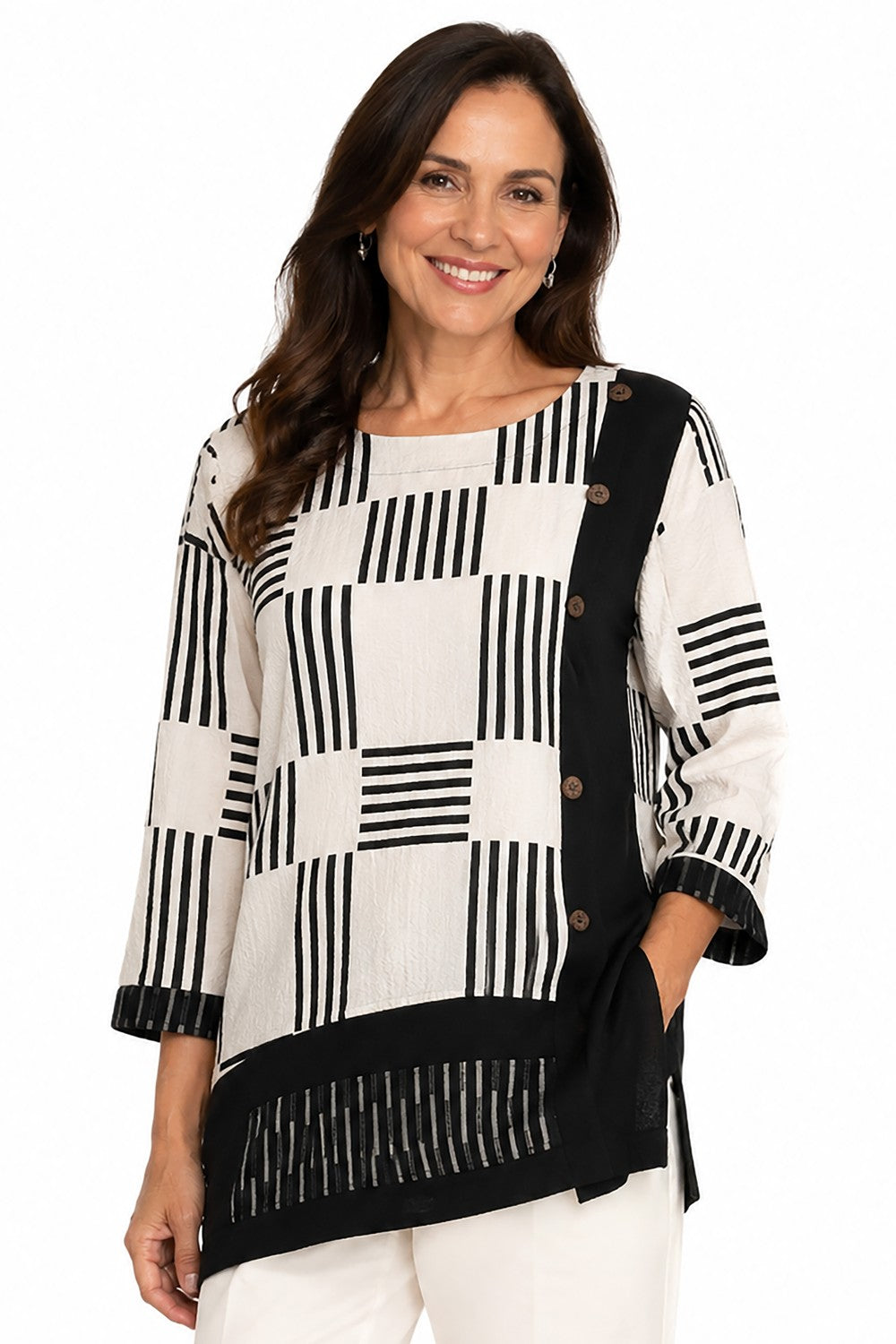 Ali Miles Ivory/Black Woven Textured Popover - Plus