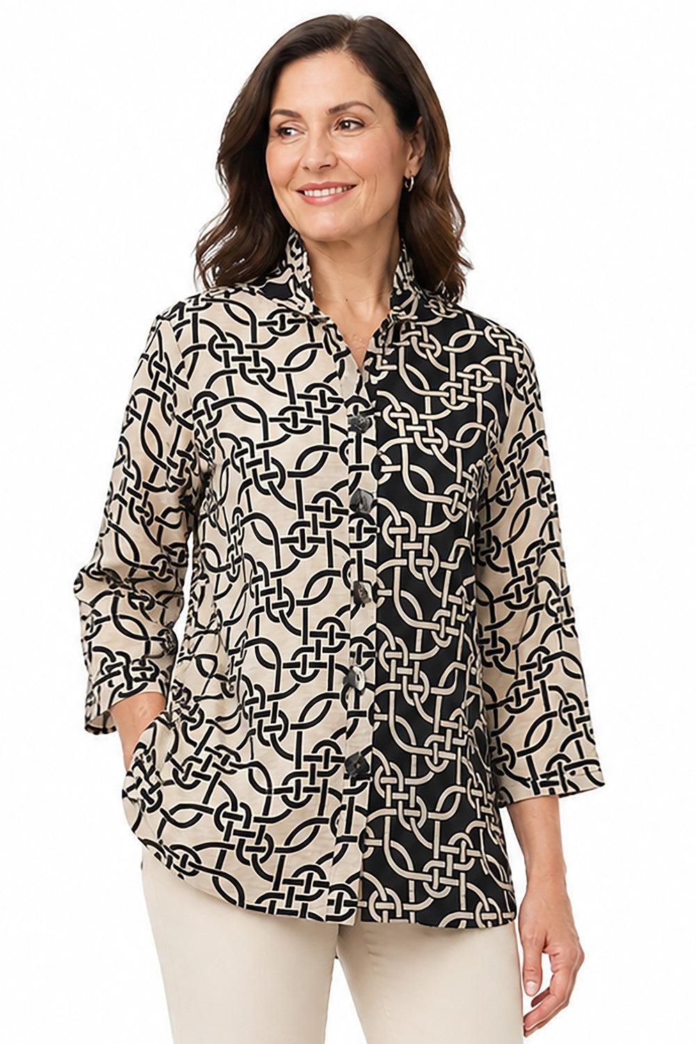 Ali Miles Linen Multi Woven Button-Front Top - Missy