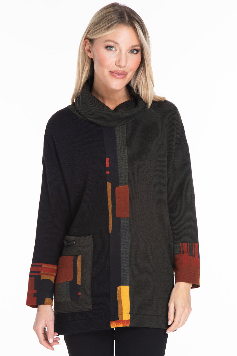 Ribbed Cowl Neck Tunic - Patch Multi