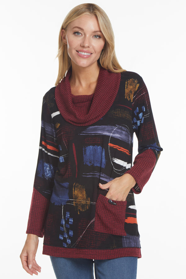 Print Cowl Neck Tunic - Abstract Multi