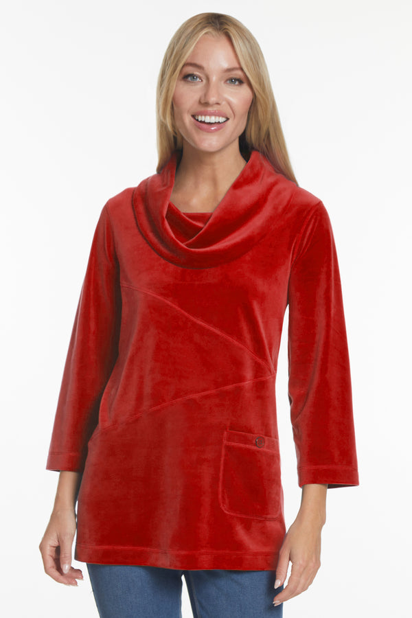 Velour Cowl Neck Tunic - Red