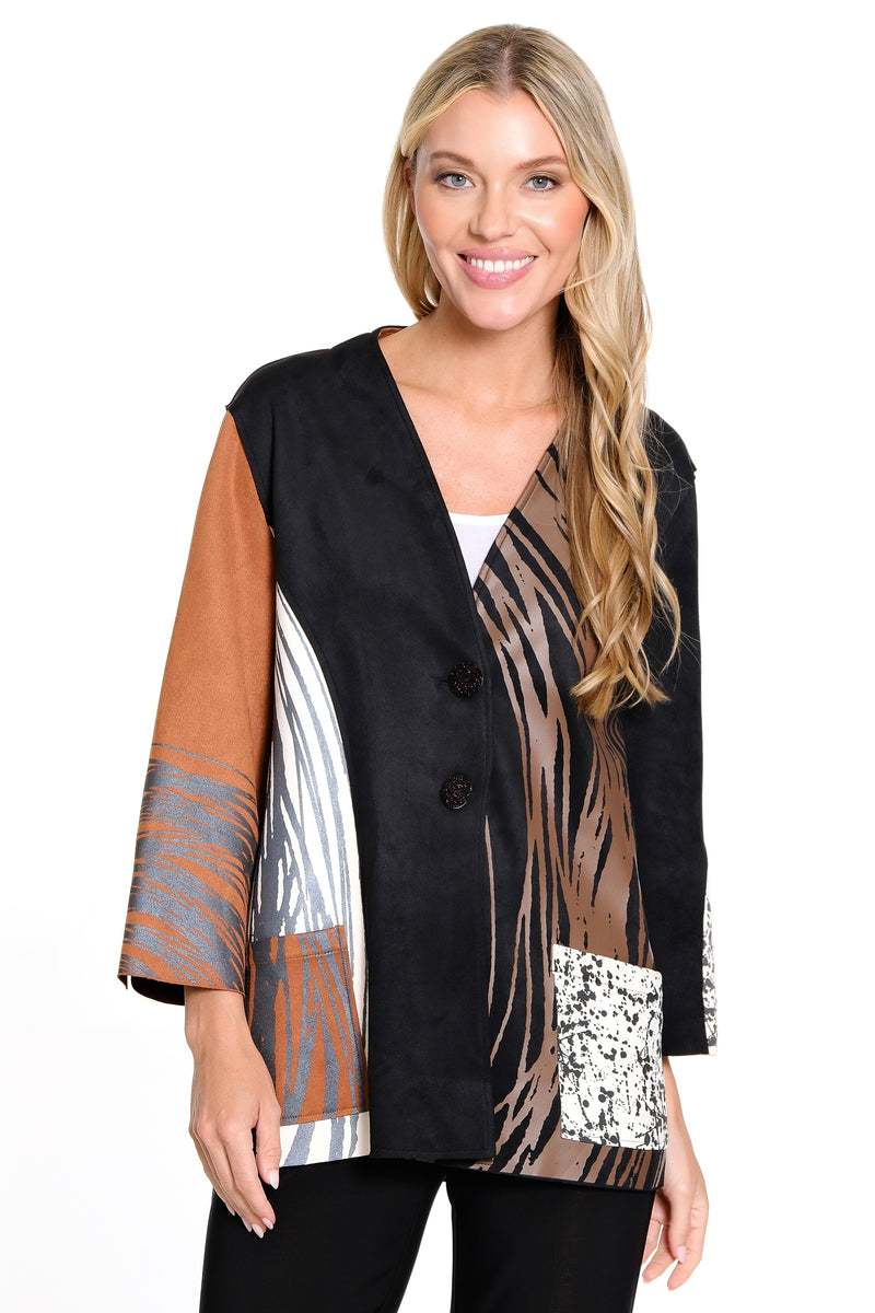 Knit Faux Suede Printed Jacket - Petite - Black