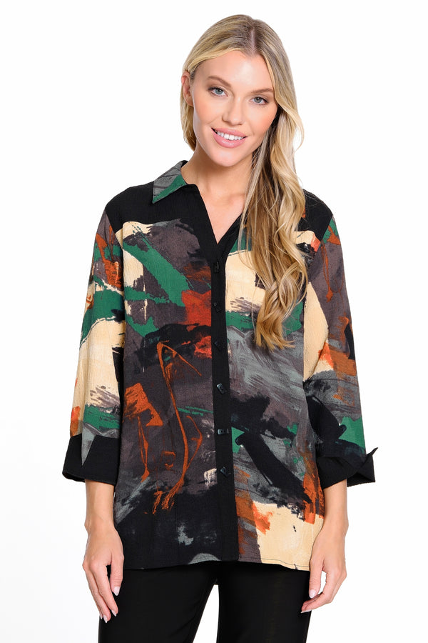 Printed Woven Button Front Tunic Point Collar - Multi