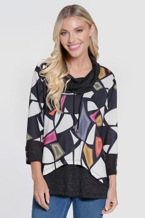 Printed Brushed Knit Cowl Neck - Plus - Geo Multi