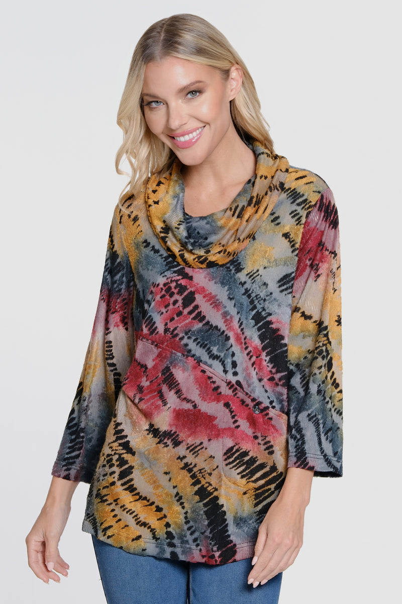 Textured Burnout Cowl Neck Tunic - Multi