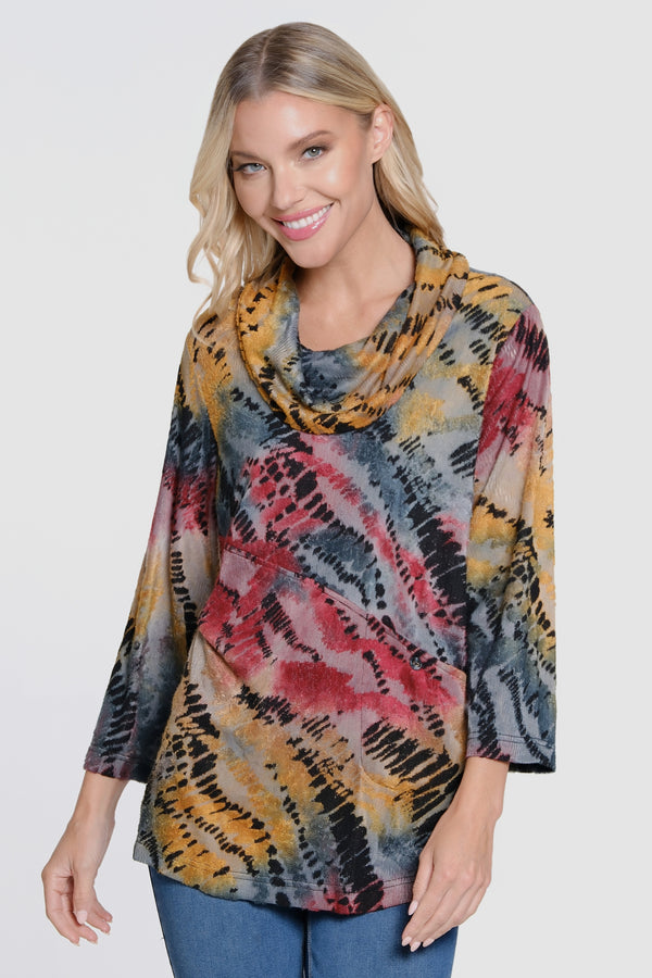 Textured Burnout Cowl Neck Tunic - Petite - Multi