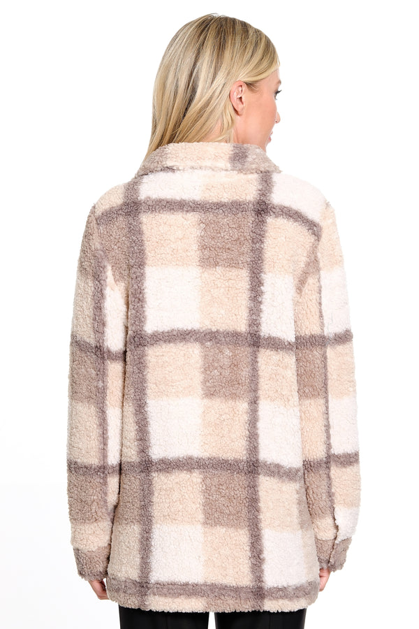 Printed Sherpa Jacket - Neutral Plaid